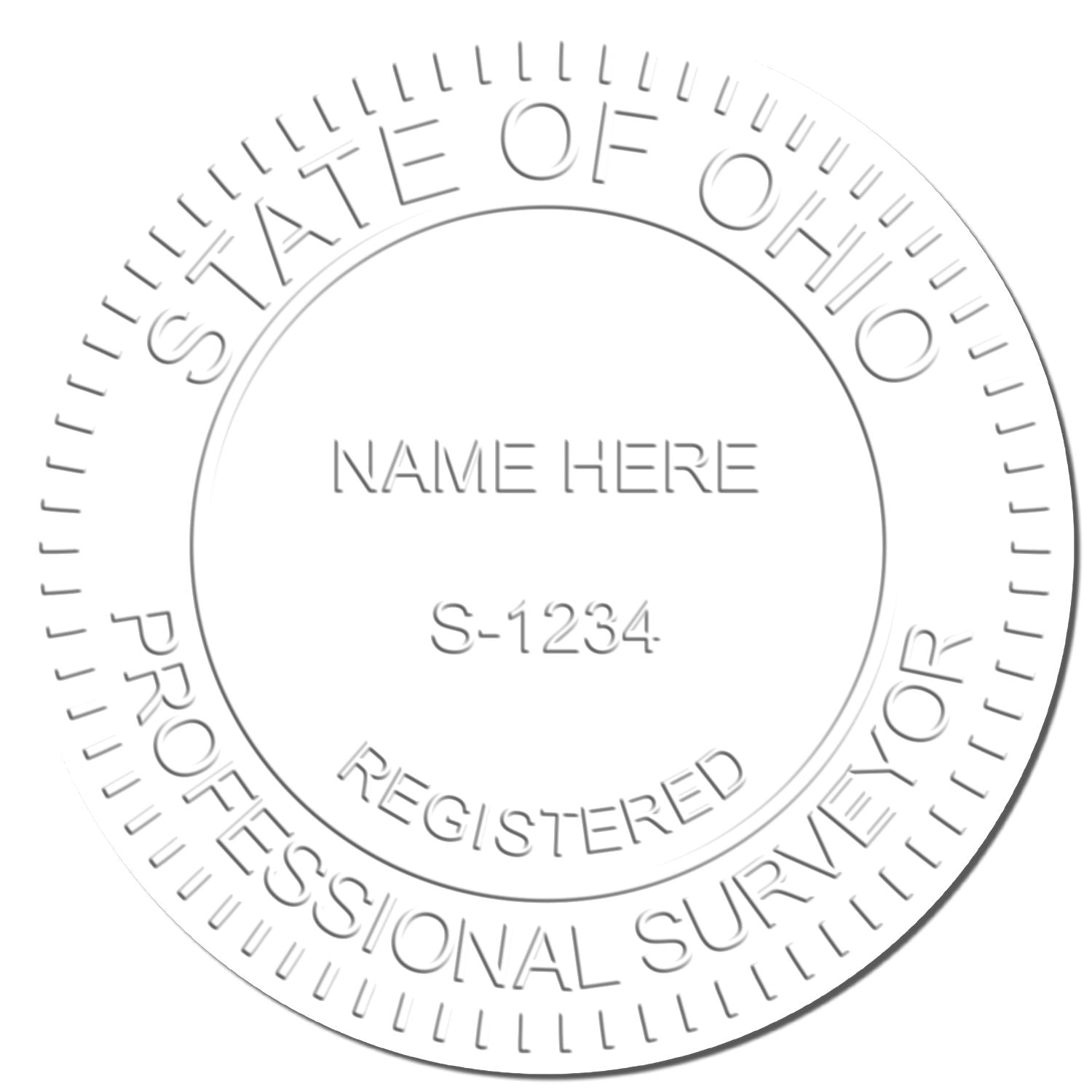 This paper is stamped with a sample imprint of the State of Ohio Soft Land Surveyor Embossing Seal, signifying its quality and reliability.