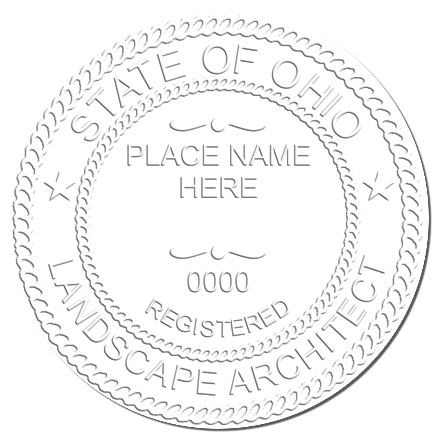 This paper is stamped with a sample imprint of the Ohio Long Reach Landscape Architect Embossing Stamp, signifying its quality and reliability.