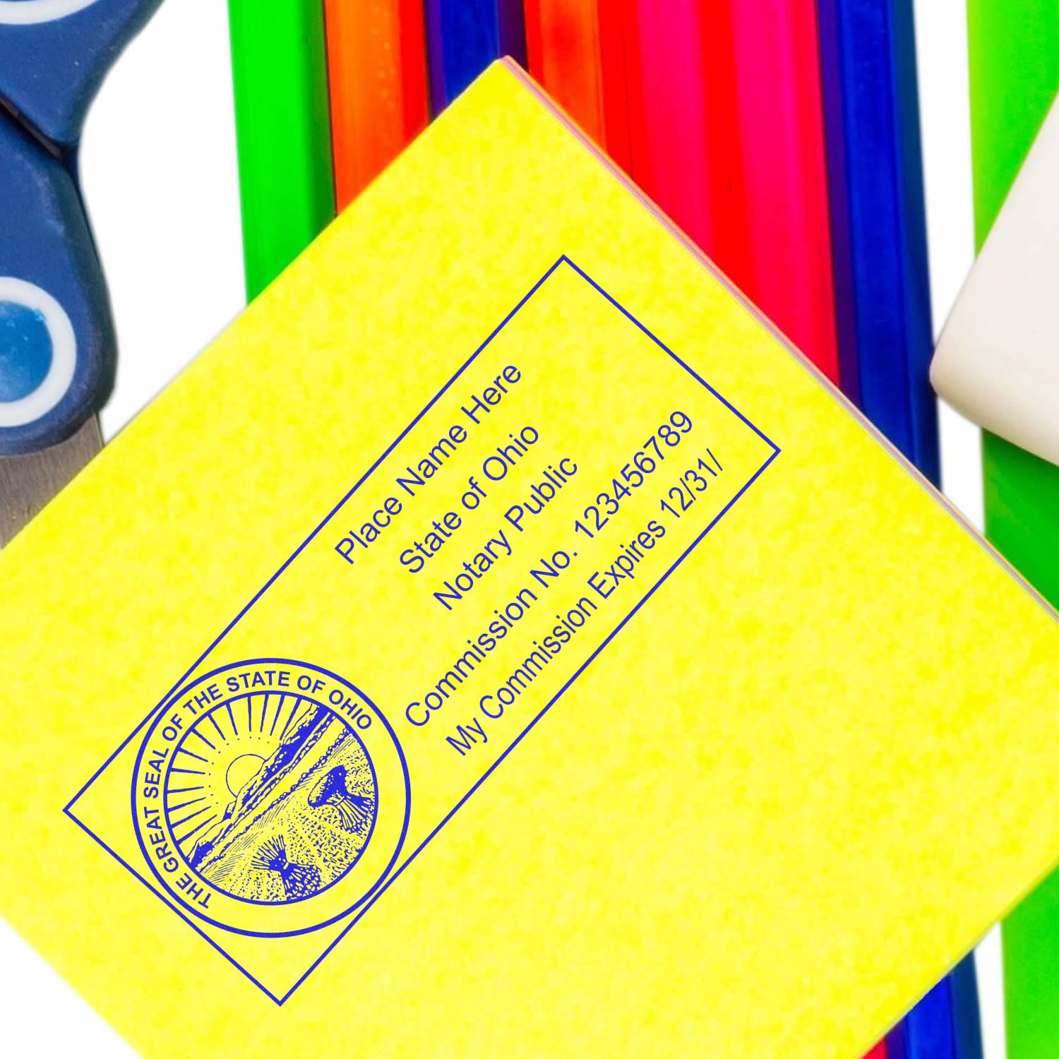 A lifestyle photo showing a stamped image of the Wooden Handle Ohio State Seal Notary Public Stamp on a piece of paper