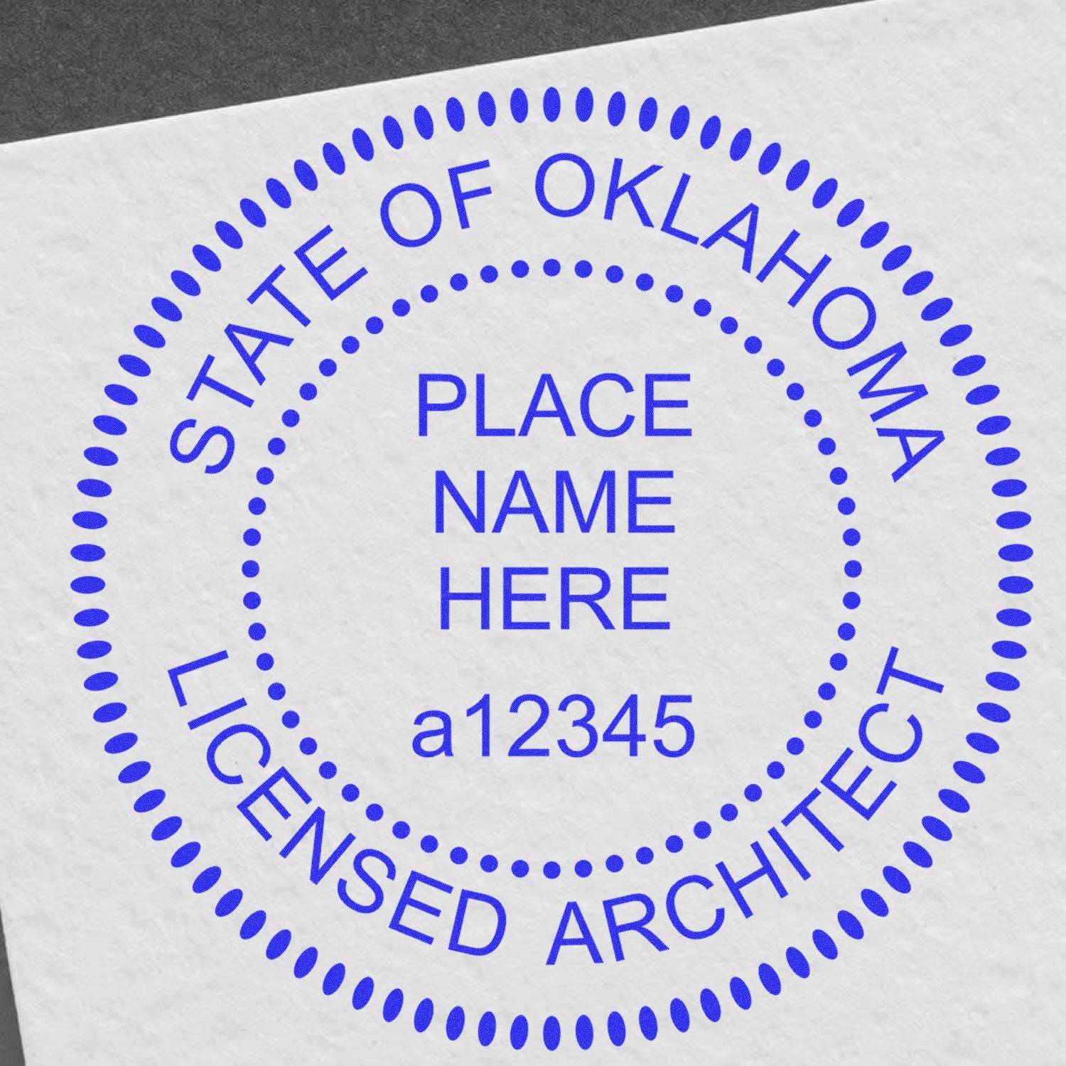 Self Inking Oklahoma Architect Stamp with customizable text fields for name and license number, displayed on white paper.