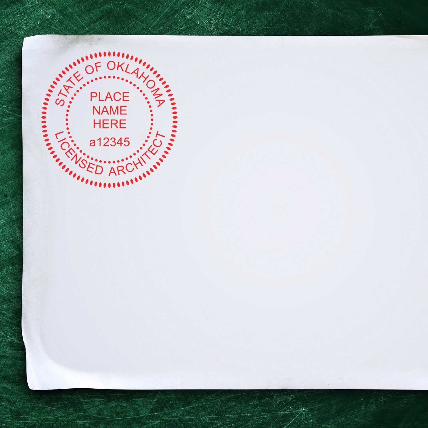 Self Inking Oklahoma Architect Stamp imprint on white paper with red ink, displaying State of Oklahoma Licensed Architect and placeholder text.