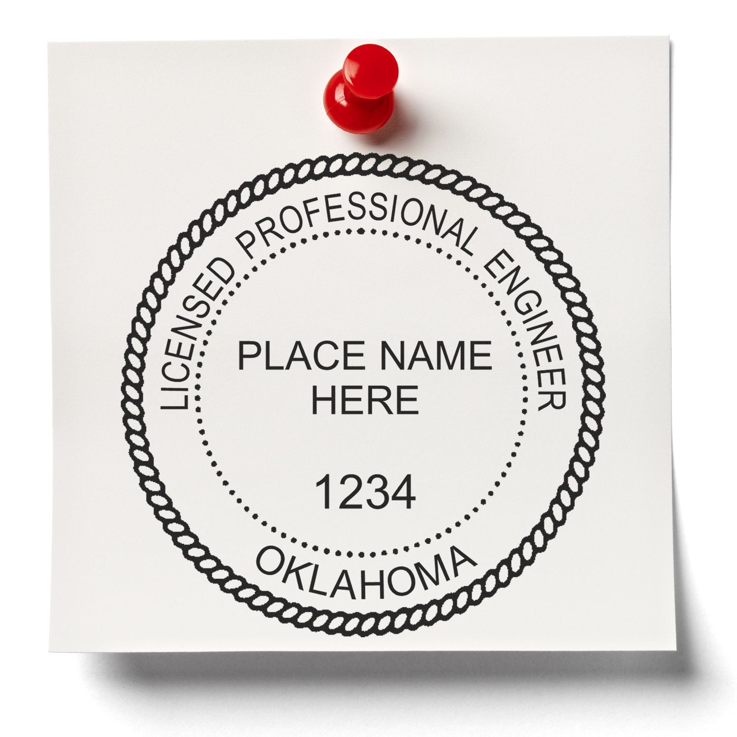 Another Example of a stamped impression of the Oklahoma Professional Engineer Seal Stamp on a piece of office paper.