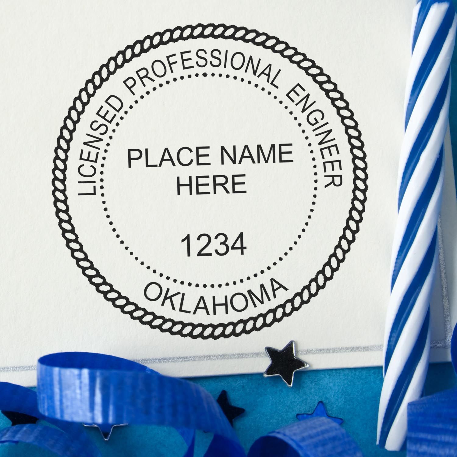 This paper is stamped with a sample imprint of the Oklahoma Professional Engineer Seal Stamp, signifying its quality and reliability.
