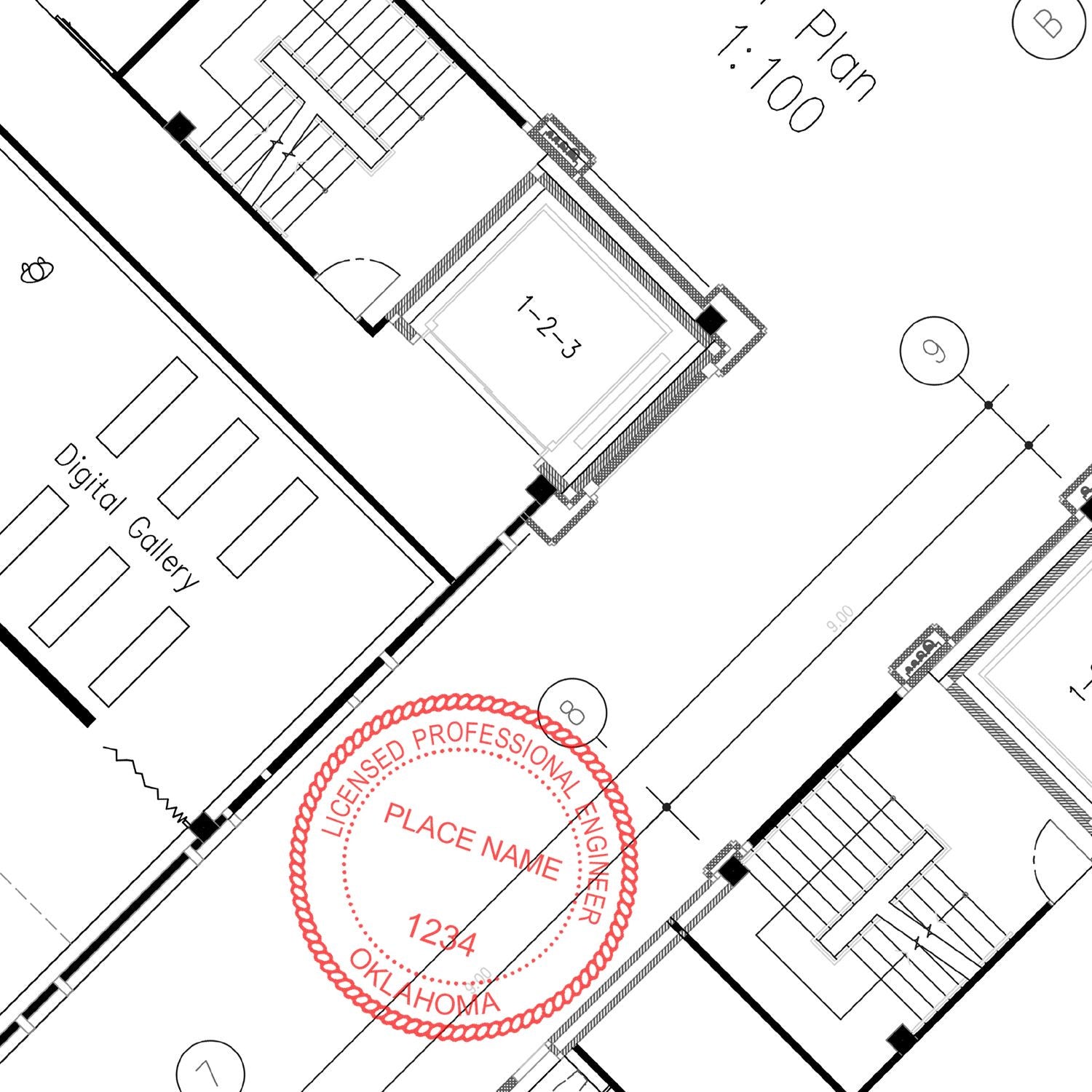 This paper is stamped with a sample imprint of the Digital Oklahoma PE Stamp and Electronic Seal for Oklahoma Engineer, signifying its quality and reliability.