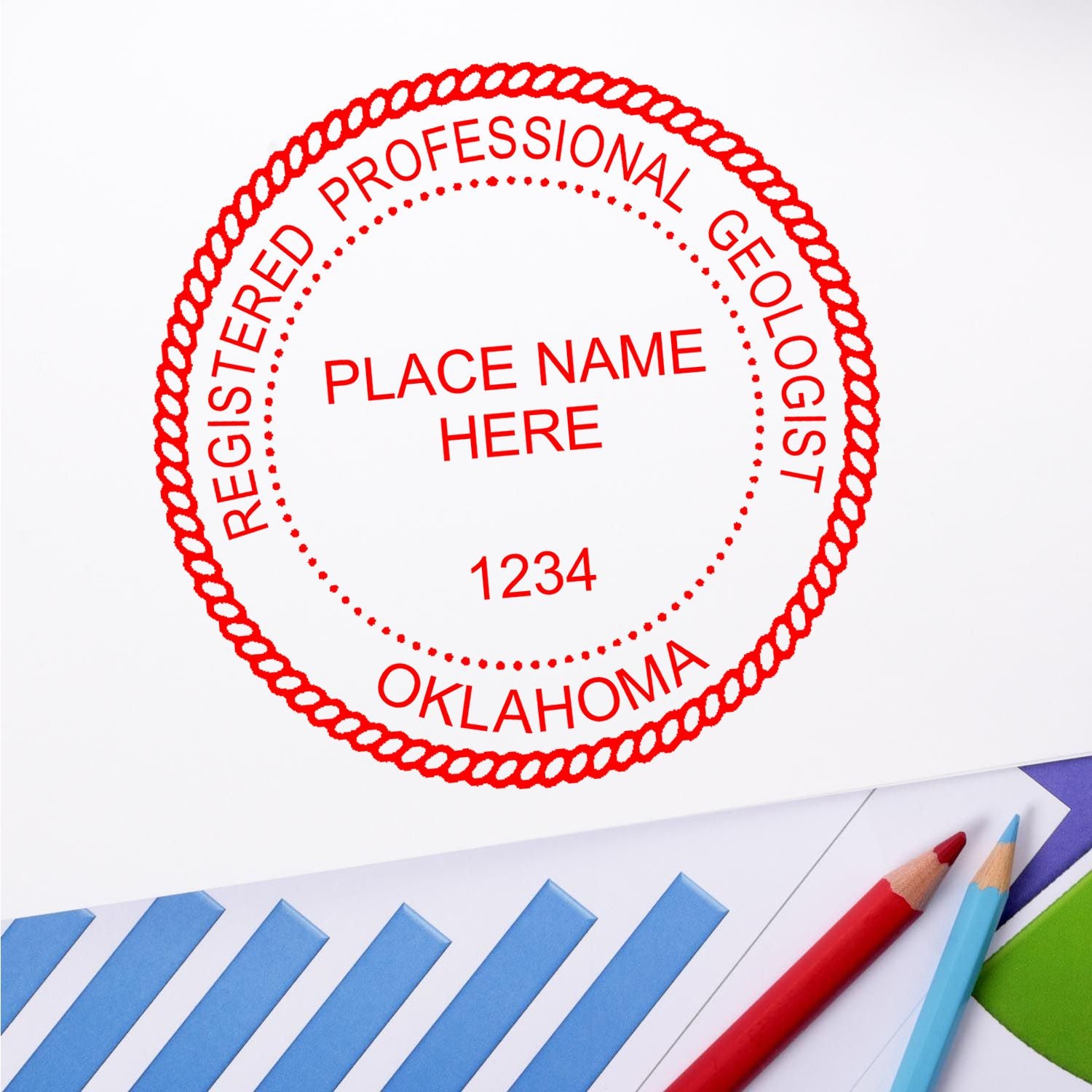 A stamped imprint of the Slim Pre-Inked Oklahoma Professional Geologist Seal Stamp in this stylish lifestyle photo, setting the tone for a unique and personalized product.