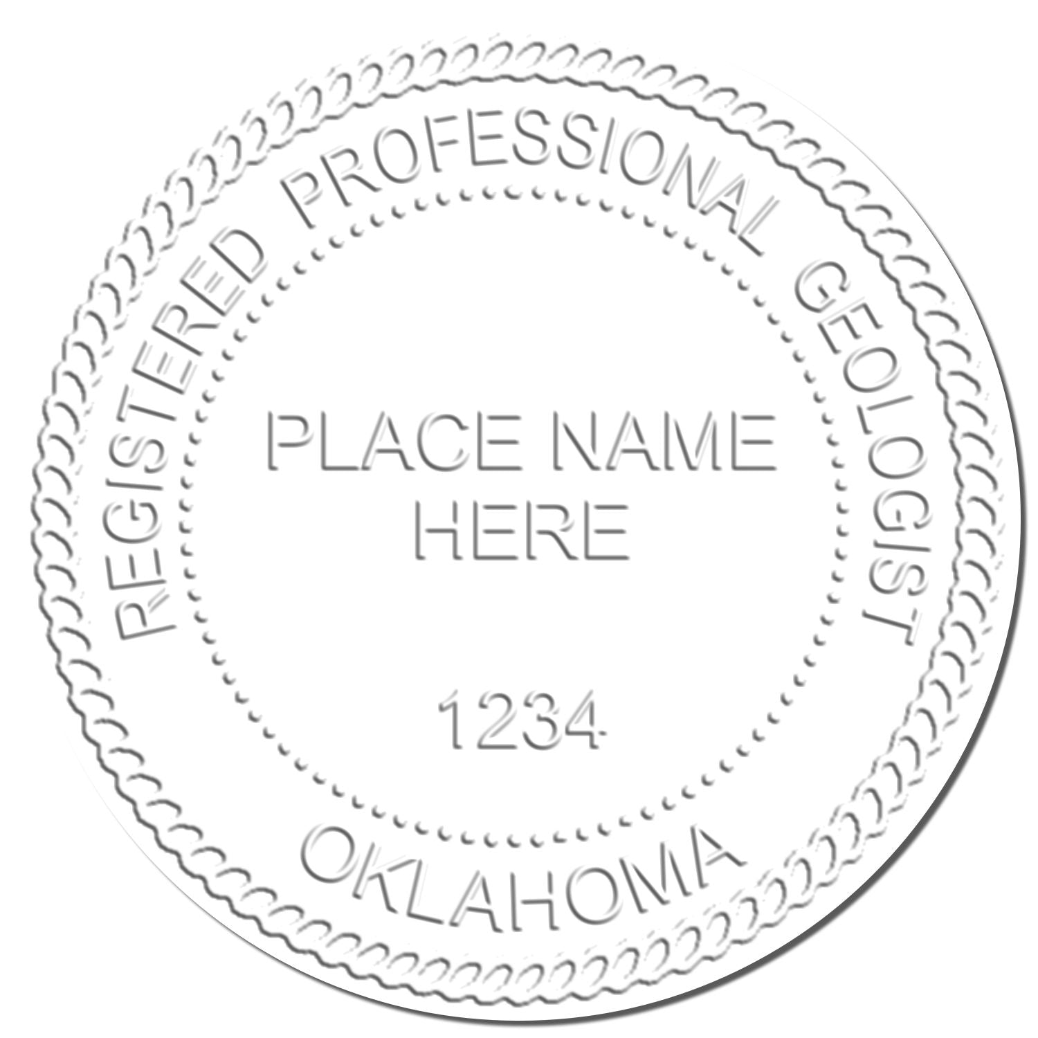 The Oklahoma Geologist Desk Seal stamp impression comes to life with a crisp, detailed image stamped on paper - showcasing true professional quality.