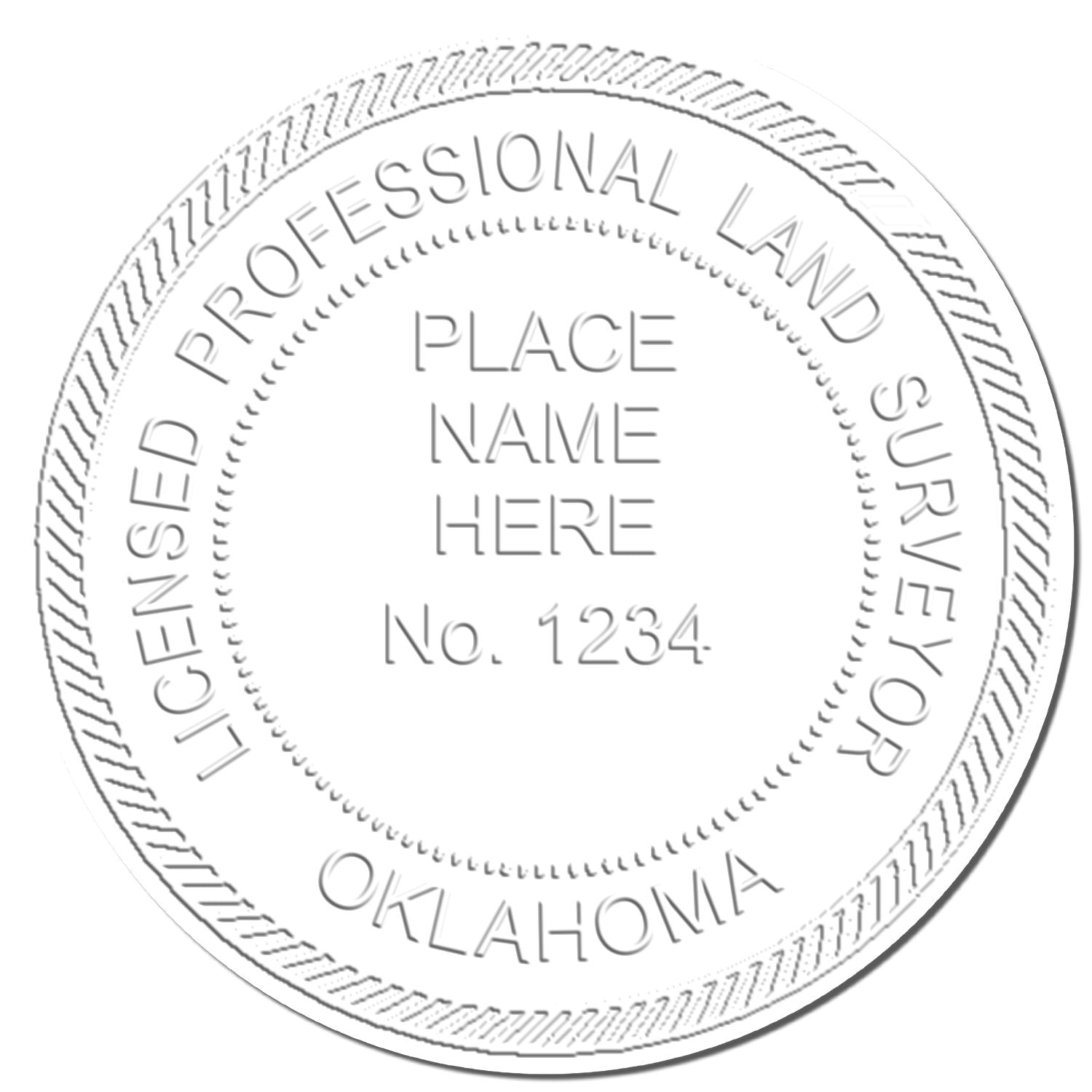 This paper is stamped with a sample imprint of the State of Oklahoma Soft Land Surveyor Embossing Seal, signifying its quality and reliability.