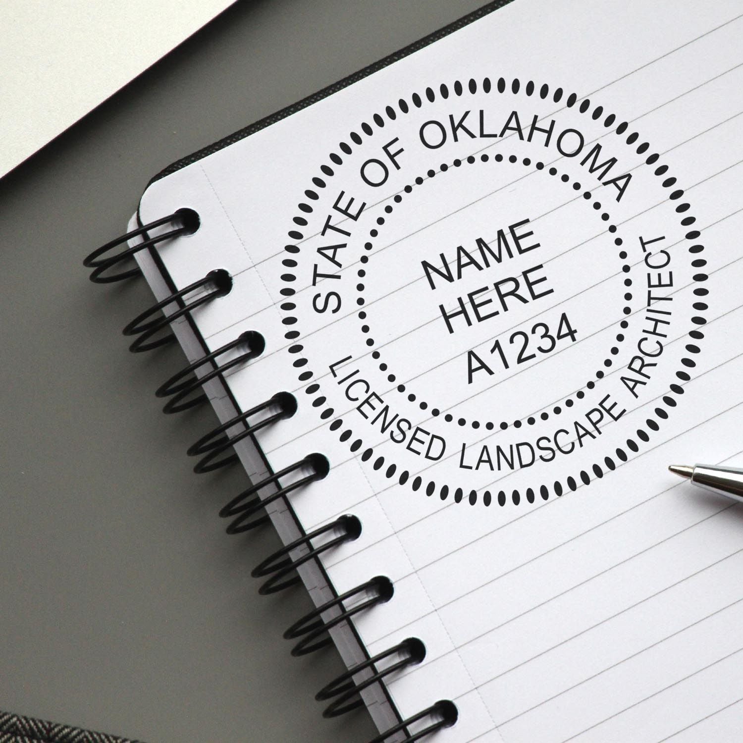 A stamped impression of the Digital Oklahoma Landscape Architect Stamp in this stylish lifestyle photo, setting the tone for a unique and personalized product.