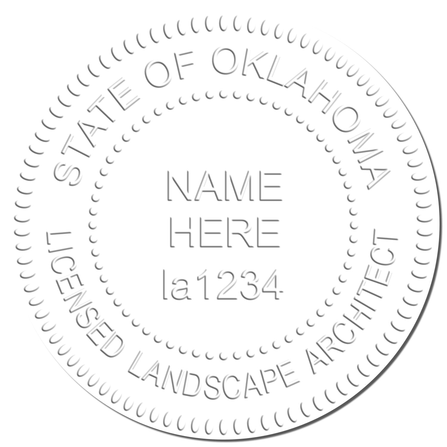 This paper is stamped with a sample imprint of the Oklahoma Long Reach Landscape Architect Embossing Stamp, signifying its quality and reliability.