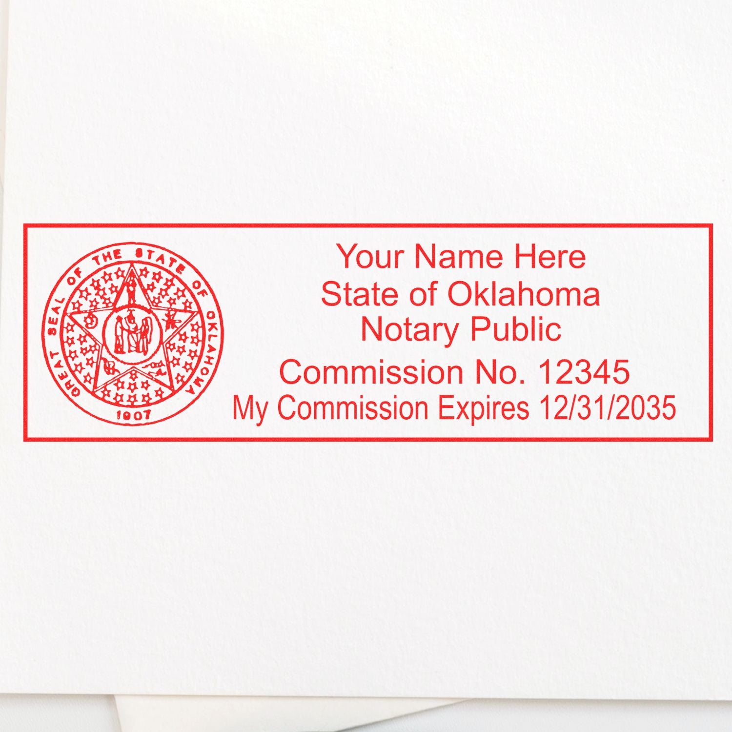 The Self-Inking State Seal Oklahoma Notary Stamp stamp impression comes to life with a crisp, detailed photo on paper - showcasing true professional quality.