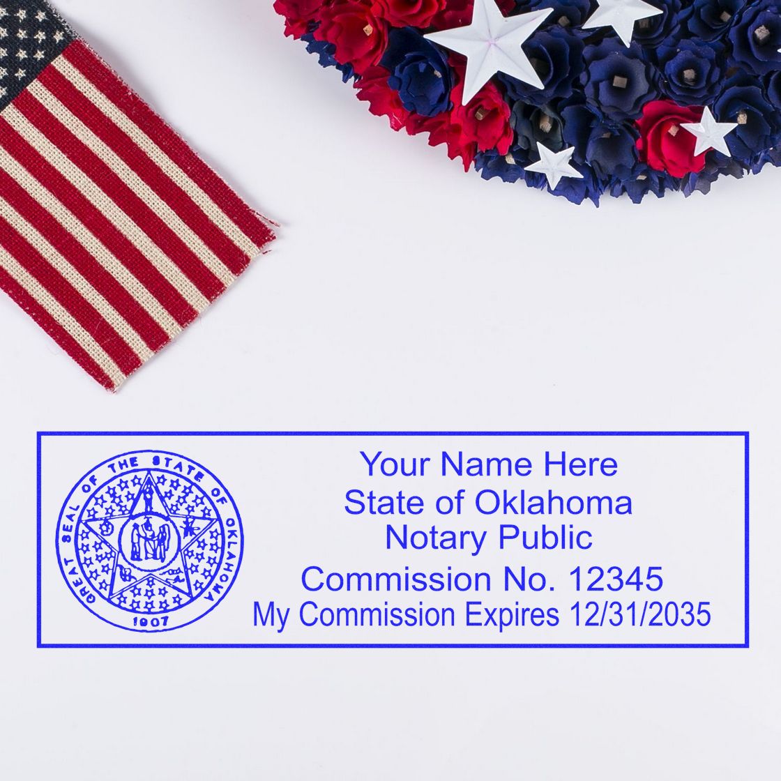Slim Pre-Inked State Seal Notary Stamp for Oklahoma in use photo showing a stamped imprint of the Slim Pre-Inked State Seal Notary Stamp for Oklahoma