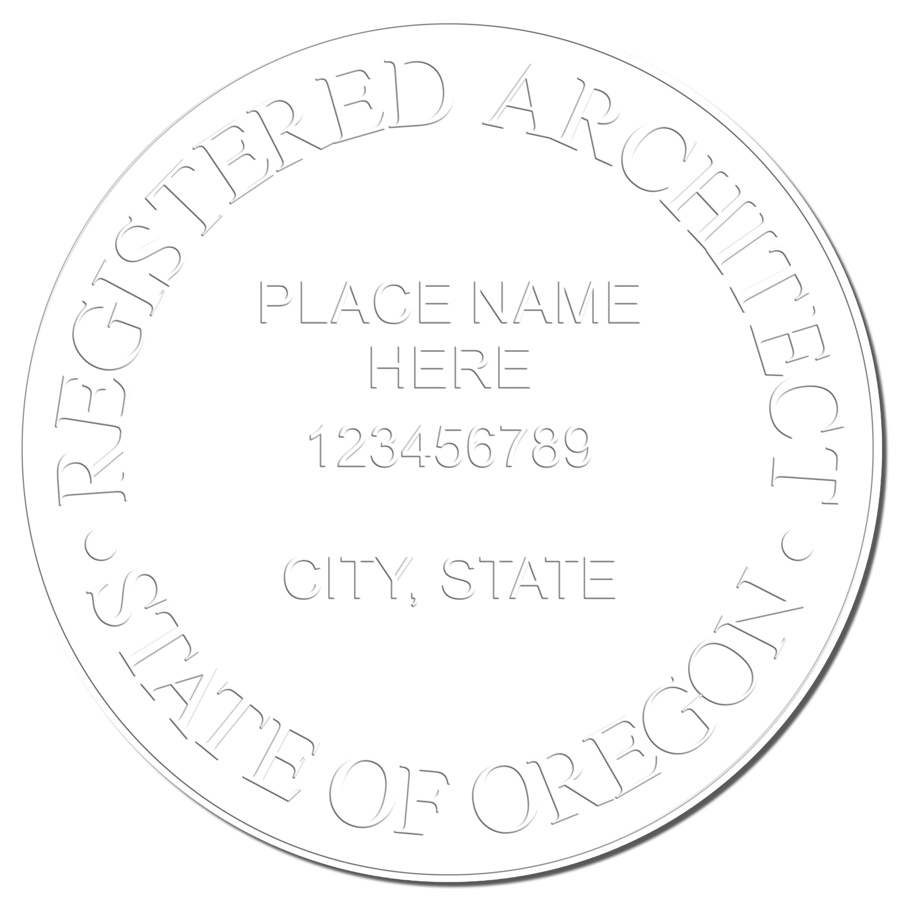 A photograph of the Handheld Oregon Architect Seal Embosser stamp impression reveals a vivid, professional image of the on paper.