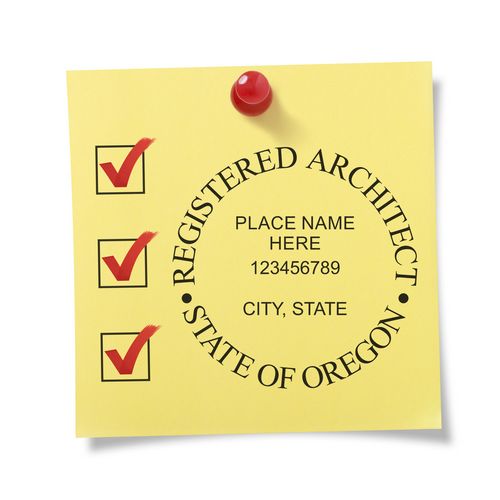 Yellow sticky note with Oregon Architect Seal Stamp, featuring three red checkmarks and placeholder text for name, number, and location.