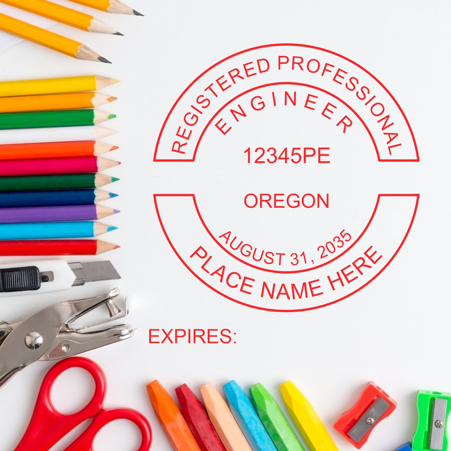 A photograph of the Slim Pre-Inked Oregon Professional Engineer Seal Stamp stamp impression reveals a vivid, professional image of the on paper.