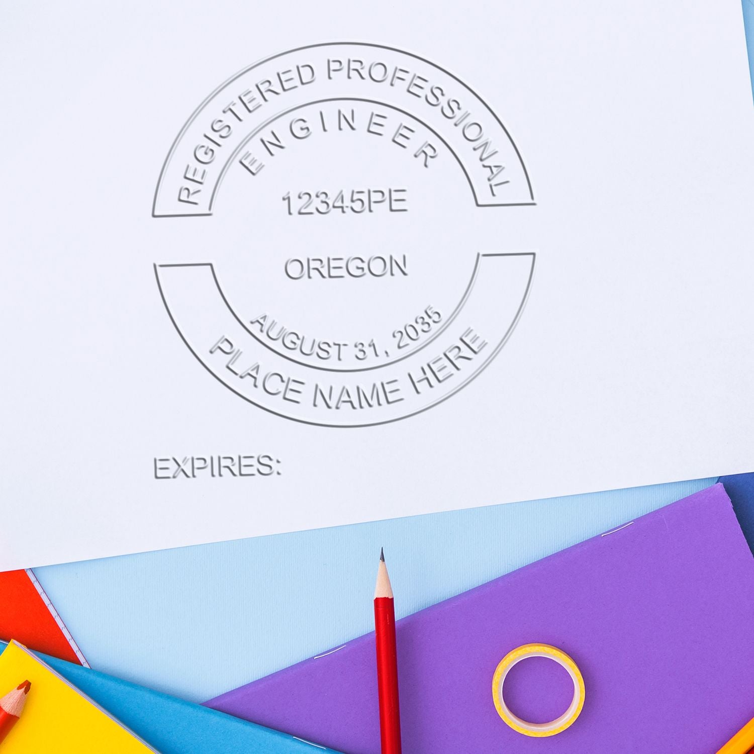 The Heavy Duty Cast Iron Oregon Engineer Seal Embosser stamp impression comes to life with a crisp, detailed photo on paper - showcasing true professional quality.