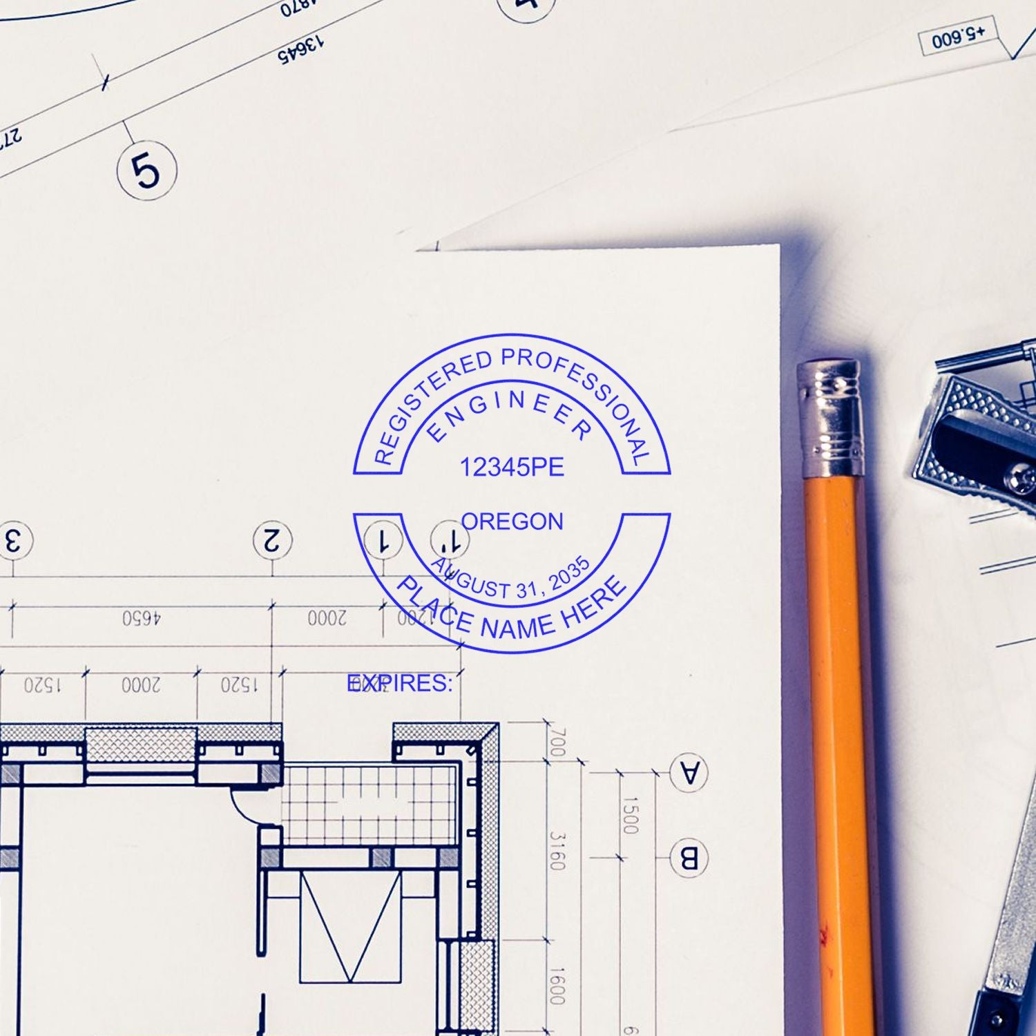 An alternative view of the Premium MaxLight Pre-Inked Oregon Engineering Stamp stamped on a sheet of paper showing the image in use