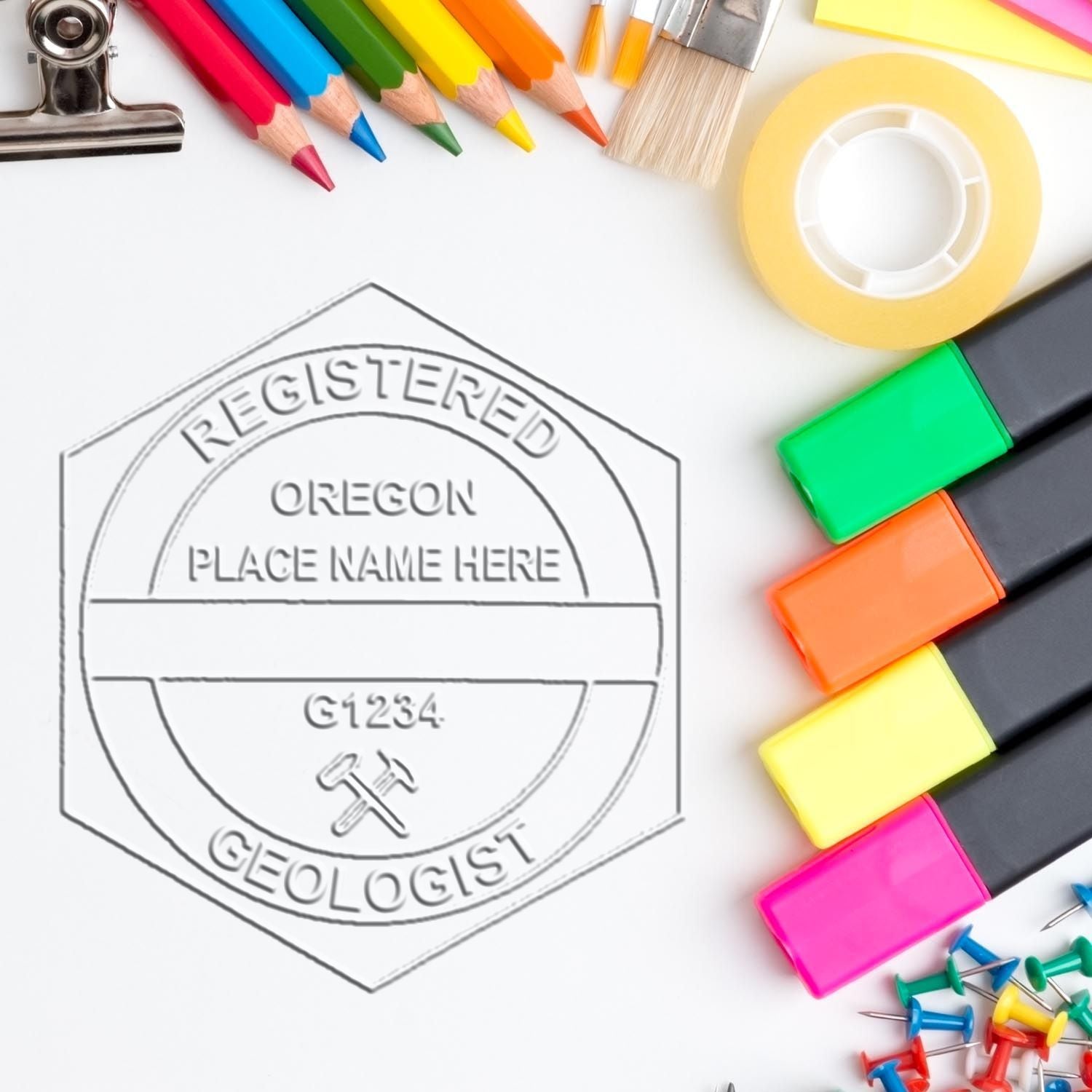 A stamped imprint of the Oregon Geologist Desk Seal in this stylish lifestyle photo, setting the tone for a unique and personalized product.