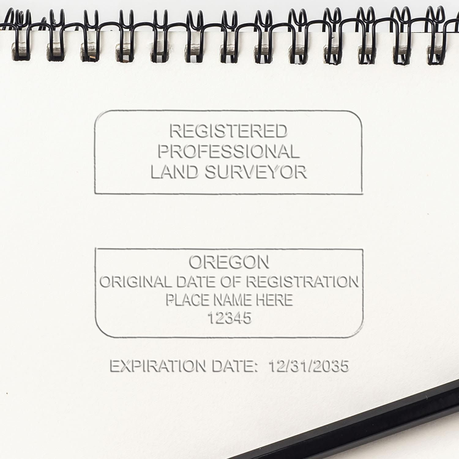 A photograph of the State of Oregon Soft Land Surveyor Embossing Seal stamp impression reveals a vivid, professional image of the on paper.