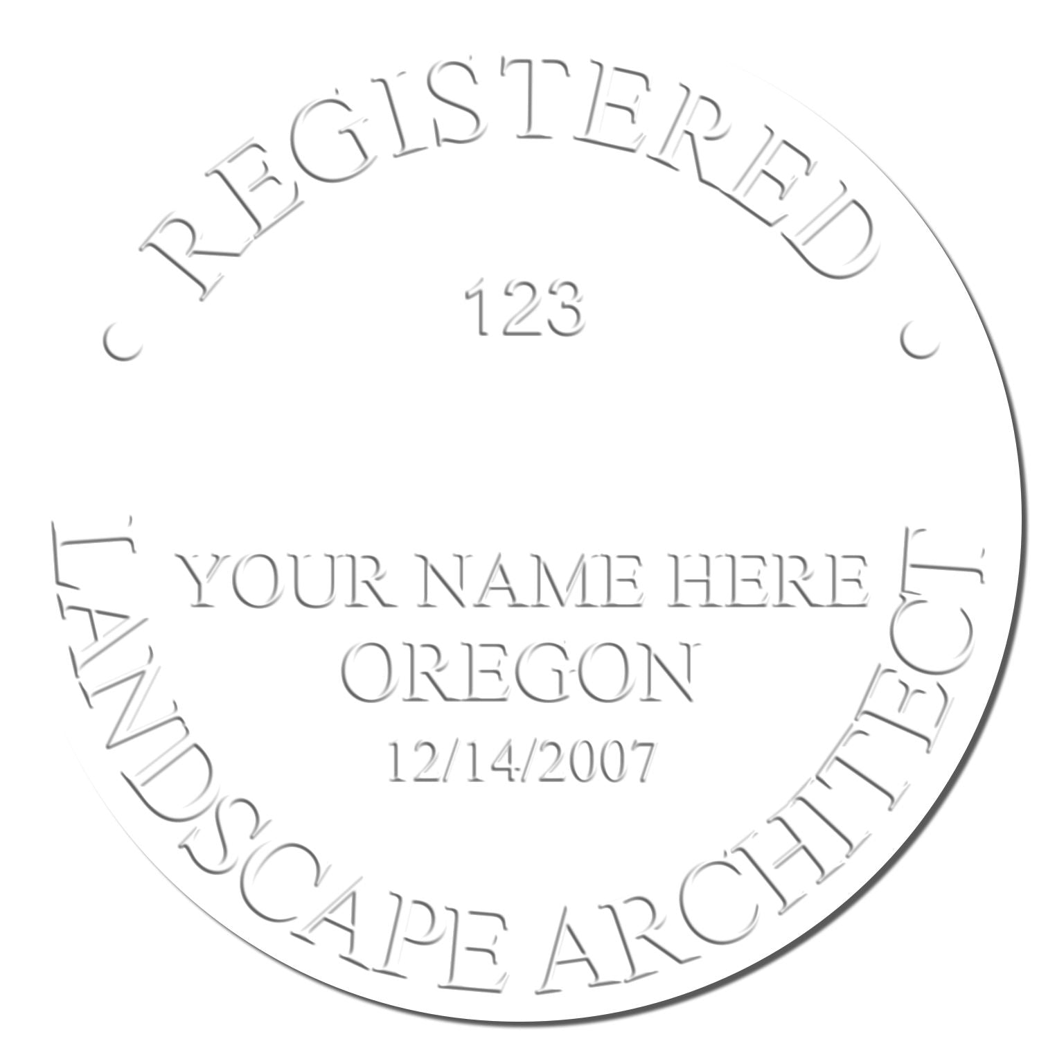 This paper is stamped with a sample imprint of the Oregon Long Reach Landscape Architect Embossing Stamp, signifying its quality and reliability.