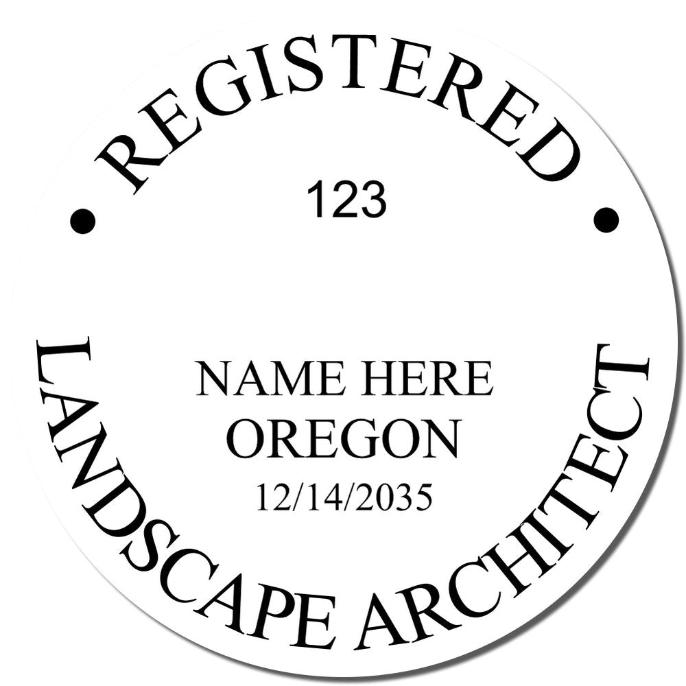 An alternative view of the Digital Oregon Landscape Architect Stamp stamped on a sheet of paper showing the image in use