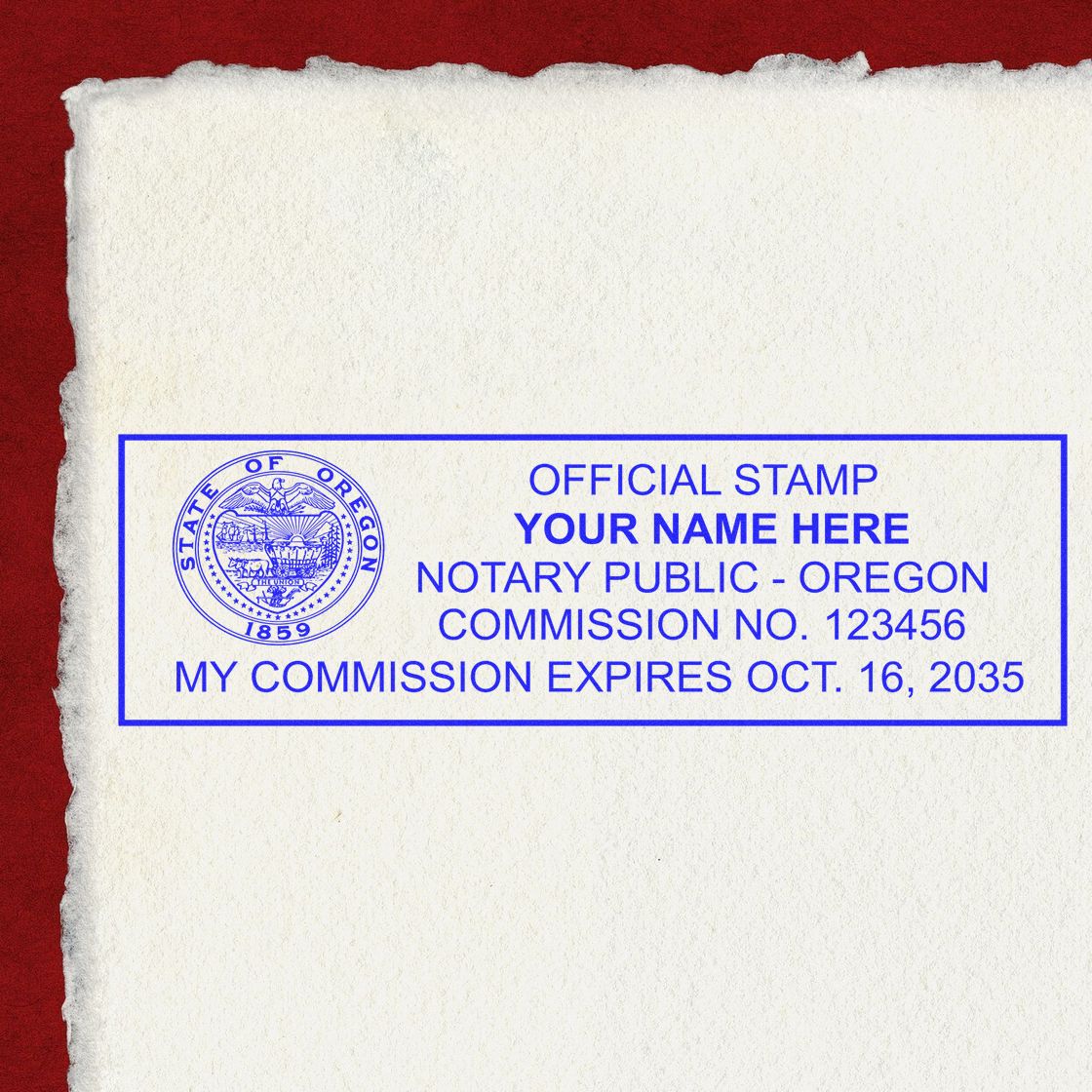 Slim Pre-Inked Rectangular Notary Stamp for Oregon in use photo showing a stamped imprint of the Slim Pre-Inked Rectangular Notary Stamp for Oregon