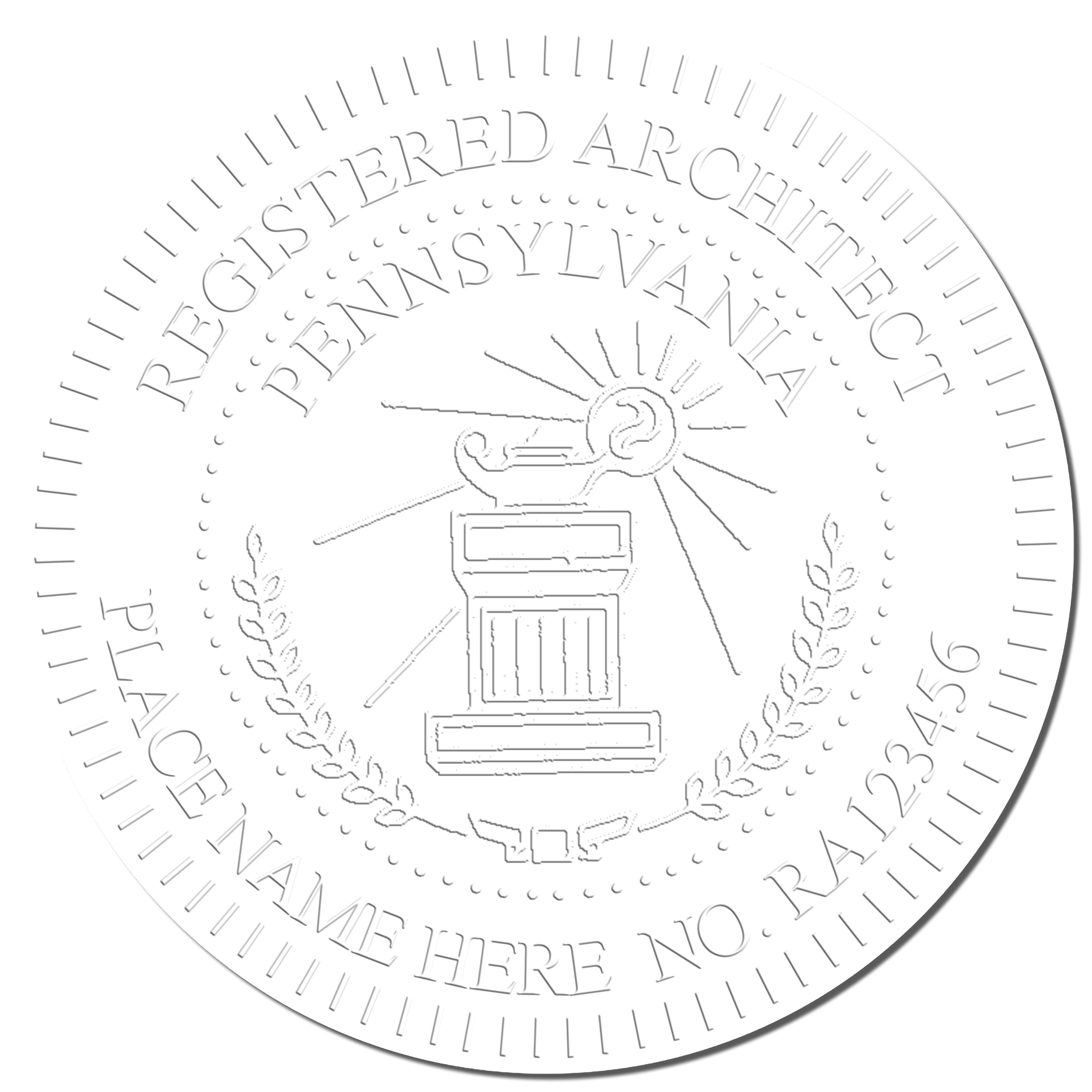 This paper is stamped with a sample imprint of the Heavy Duty Cast Iron Pennsylvania Architect Embosser, signifying its quality and reliability.