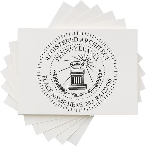 Self Inking Pennsylvania Architect Stamp with a detailed circular design, customizable with name and registration number, displayed on white cards.