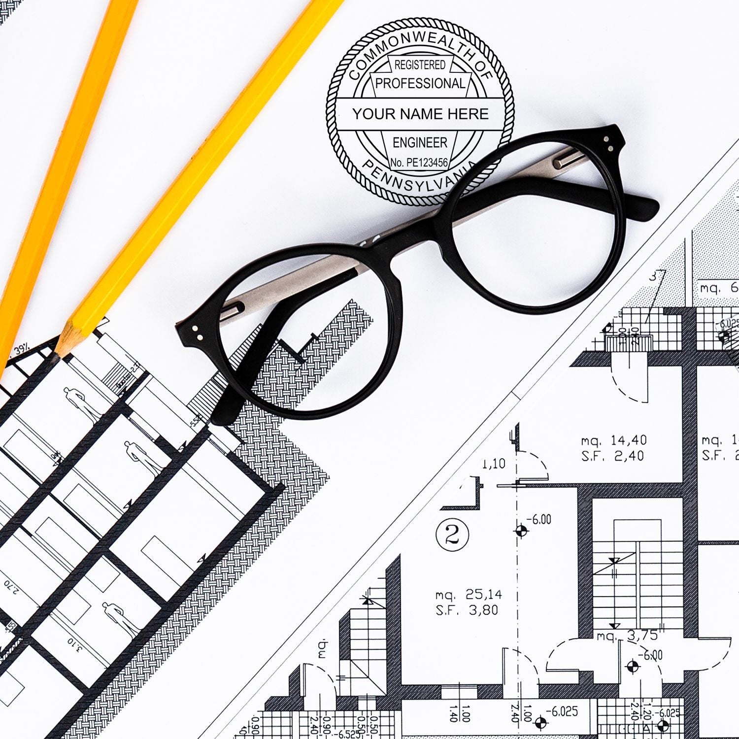 This paper is stamped with a sample imprint of the Digital Pennsylvania PE Stamp and Electronic Seal for Pennsylvania Engineer, signifying its quality and reliability.