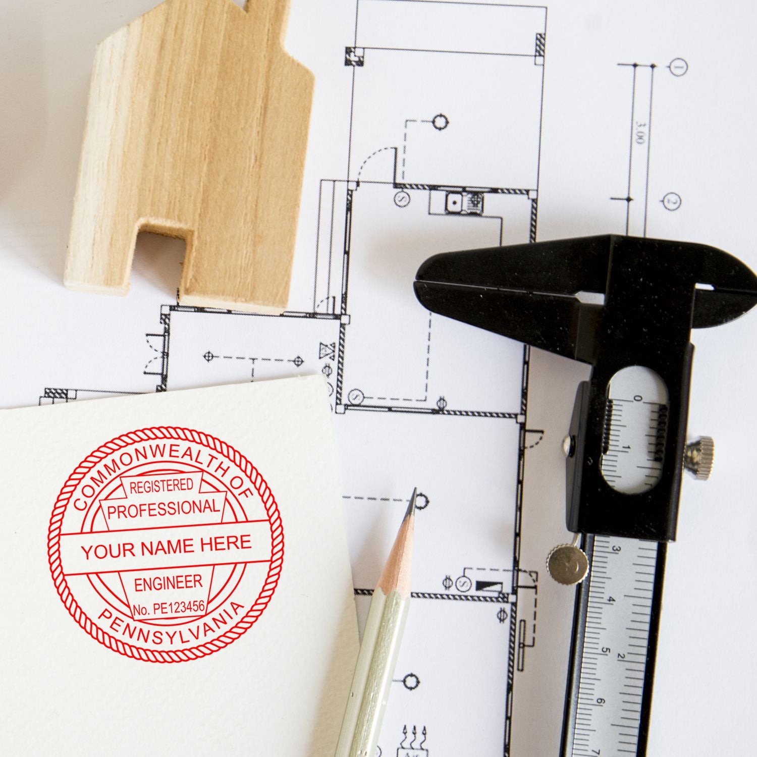 An alternative view of the Digital Pennsylvania PE Stamp and Electronic Seal for Pennsylvania Engineer stamped on a sheet of paper showing the image in use