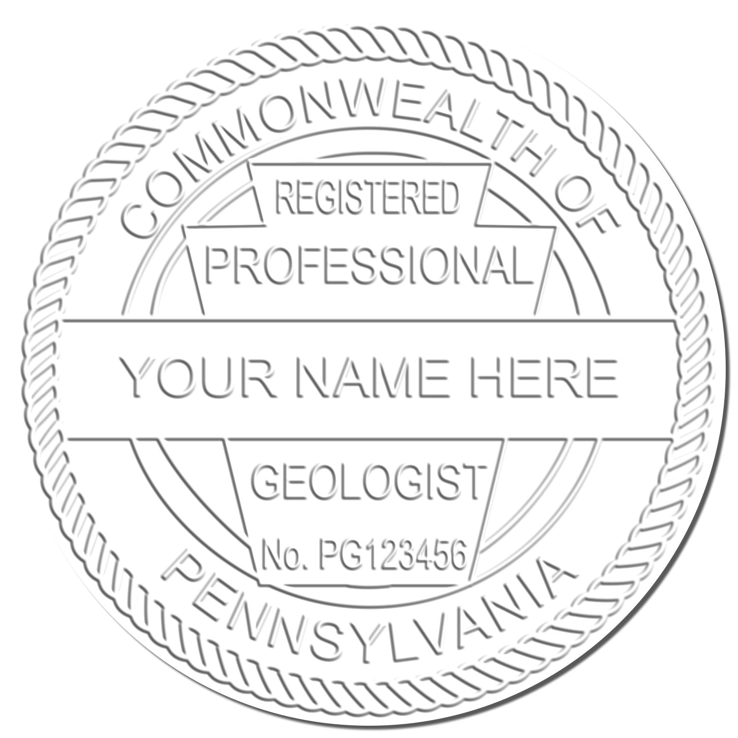 An in use photo of the Heavy Duty Cast Iron Pennsylvania Geologist Seal Embosser showing a sample imprint on a cardstock