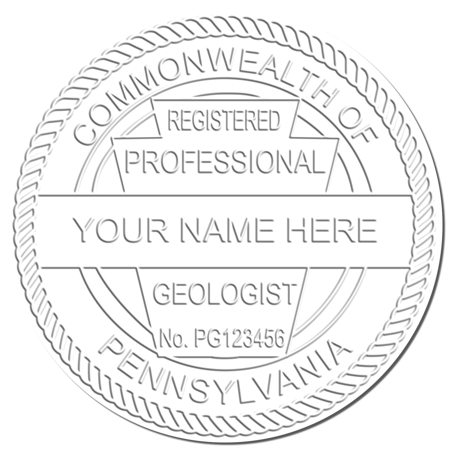 A photograph of the State of Pennsylvania Extended Long Reach Geologist Seal stamp impression reveals a vivid, professional image of the on paper.