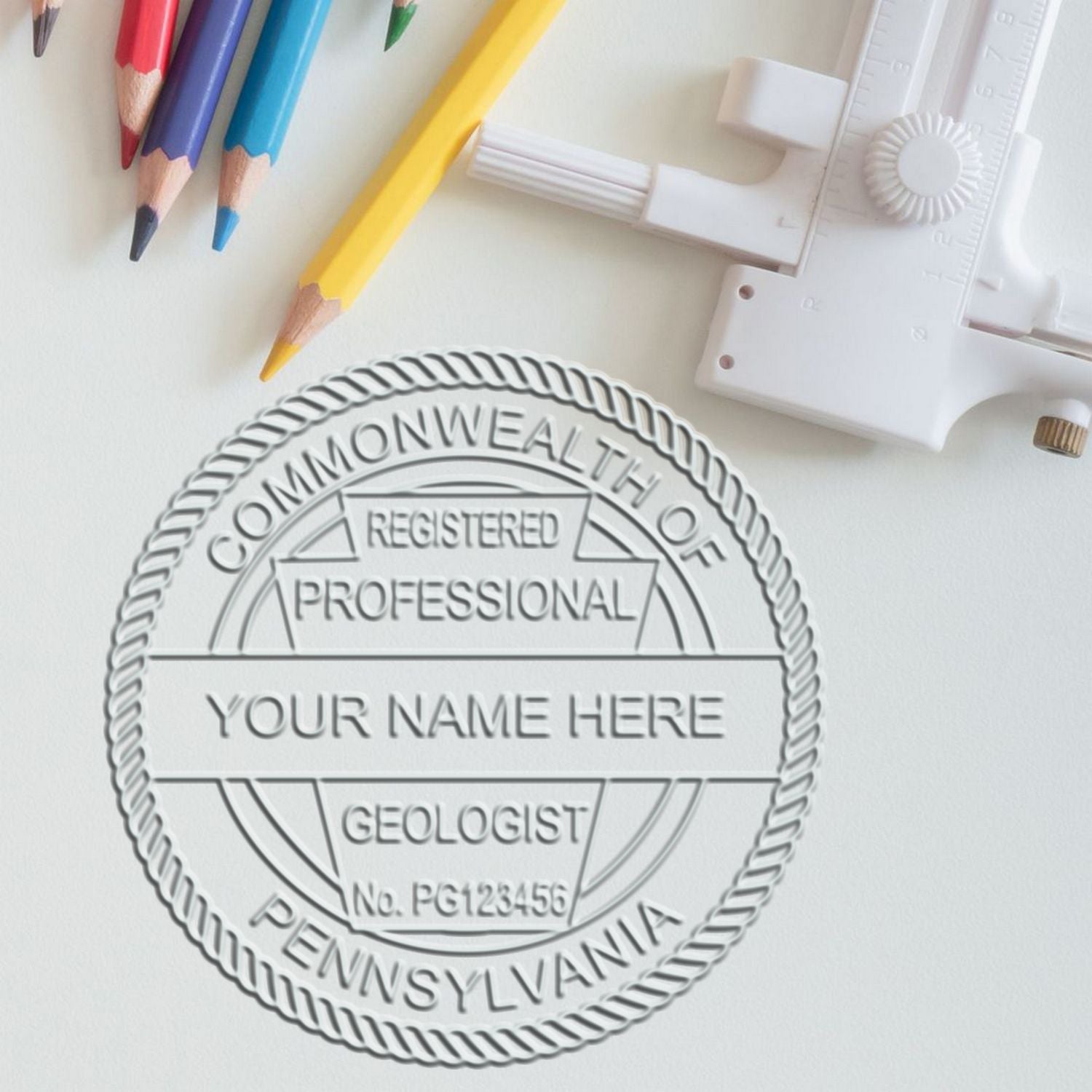 A stamped imprint of the Hybrid Pennsylvania Geologist Seal in this stylish lifestyle photo, setting the tone for a unique and personalized product.