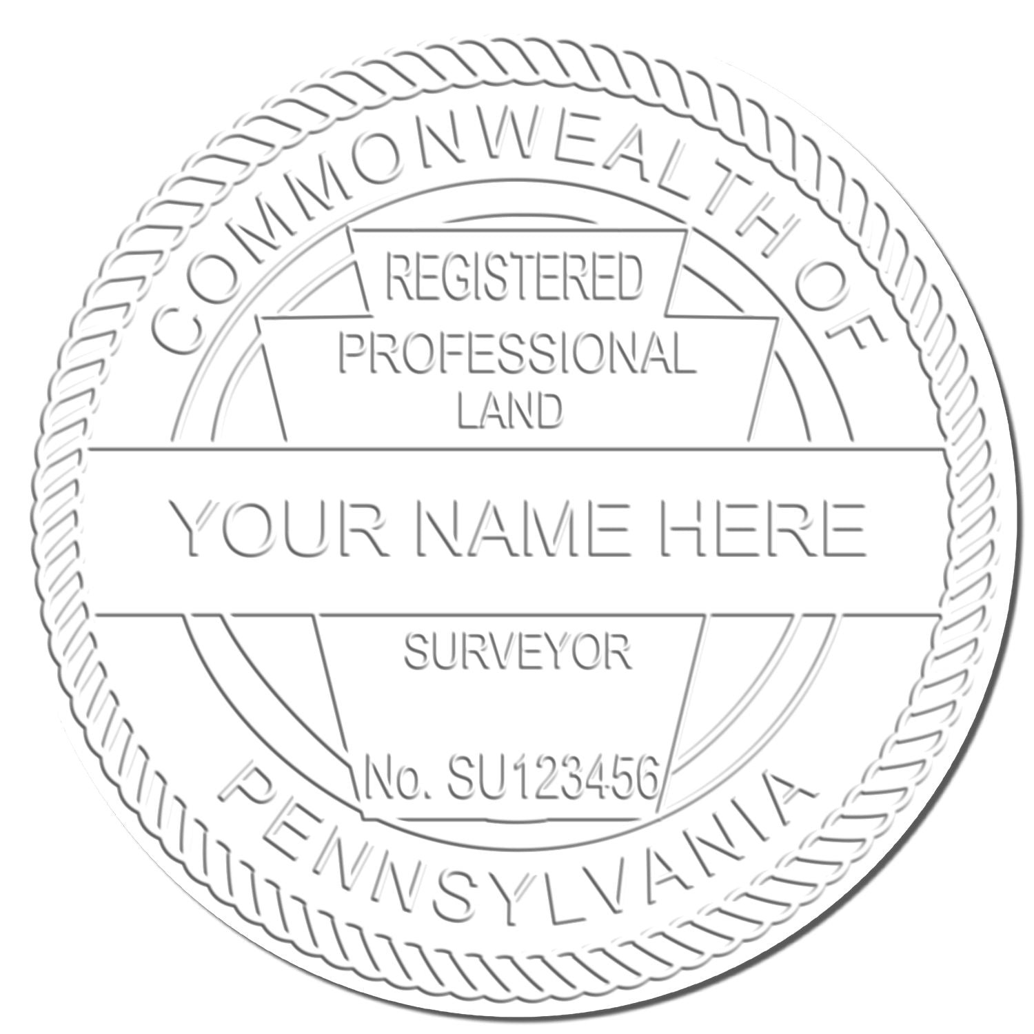 This paper is stamped with a sample imprint of the Extended Long Reach Pennsylvania Surveyor Embosser, signifying its quality and reliability.