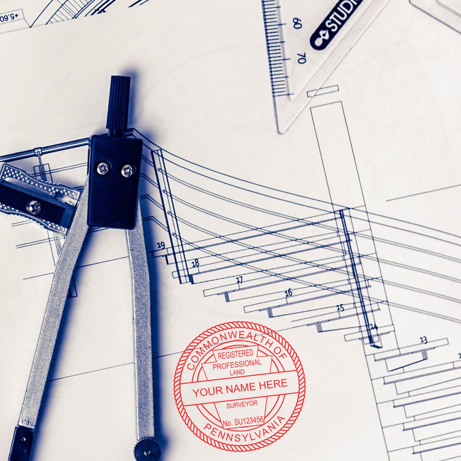 Digital Pennsylvania Land Surveyor Stamp, Electronic Seal for Pennsylvania Land Surveyor, displayed on architectural plans with drafting tools.