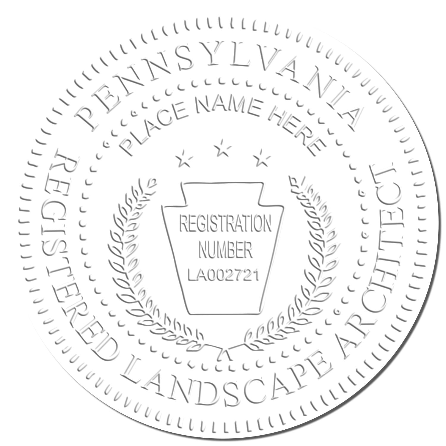 This paper is stamped with a sample imprint of the Heavy Duty Pennsylvania Landscape Architect Cast Iron Embosser, signifying its quality and reliability.