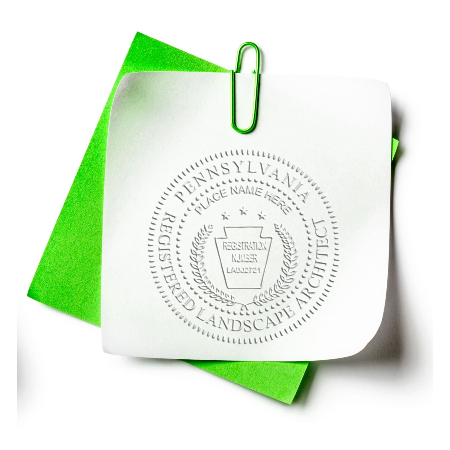 An alternative view of the Gift Pennsylvania Landscape Architect Seal stamped on a sheet of paper showing the image in use