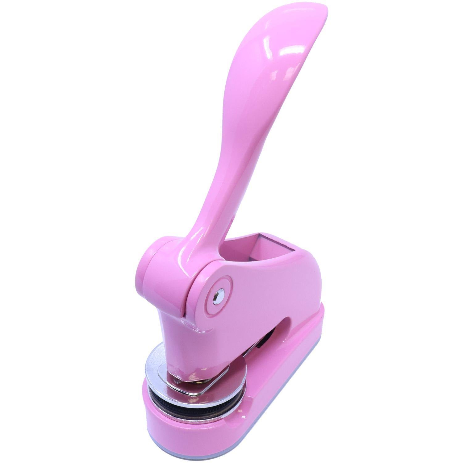 Land Surveyor Pink Gift Embosser with a sleek design, angled front view, and 1-5/8 imprint. Ideal for personalized embossing.