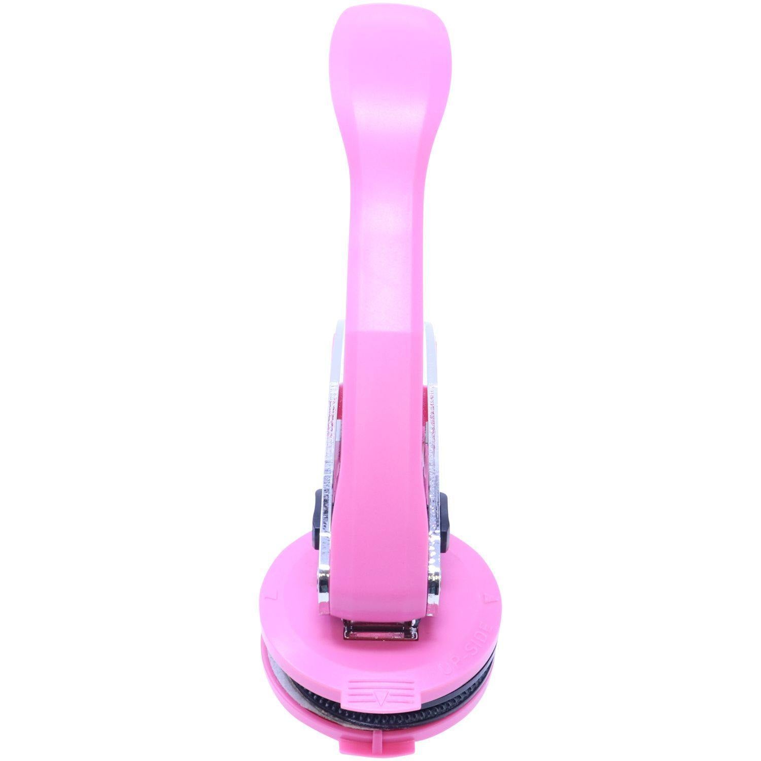 Landscape Architect Pink Hybrid Handheld Embosser with a round clip, shown in an open position, featuring a sleek pink design.