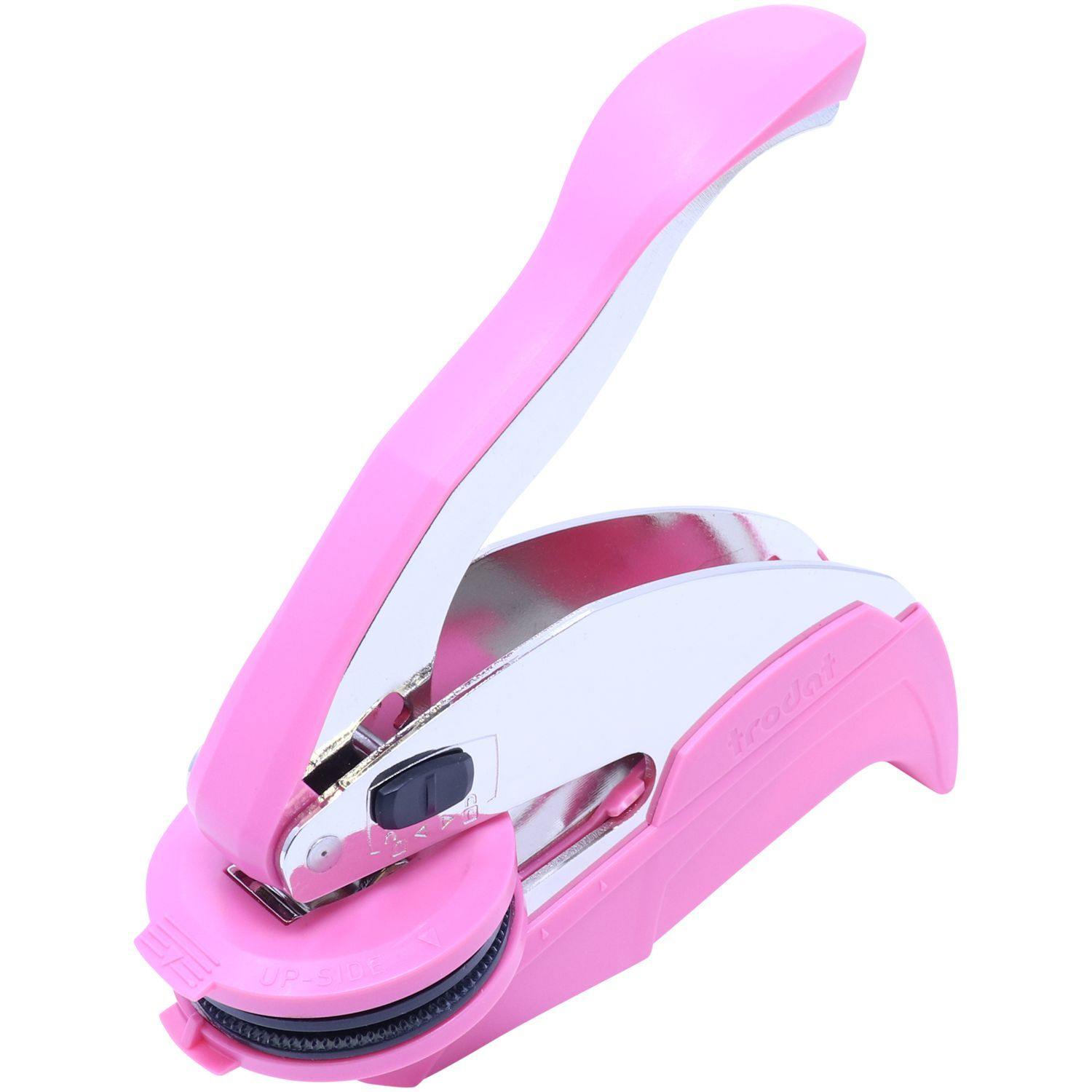 Landscape Architect Pink Hybrid Handheld Embosser with a sleek design, featuring a pink handle and round clip, shown in an open position.