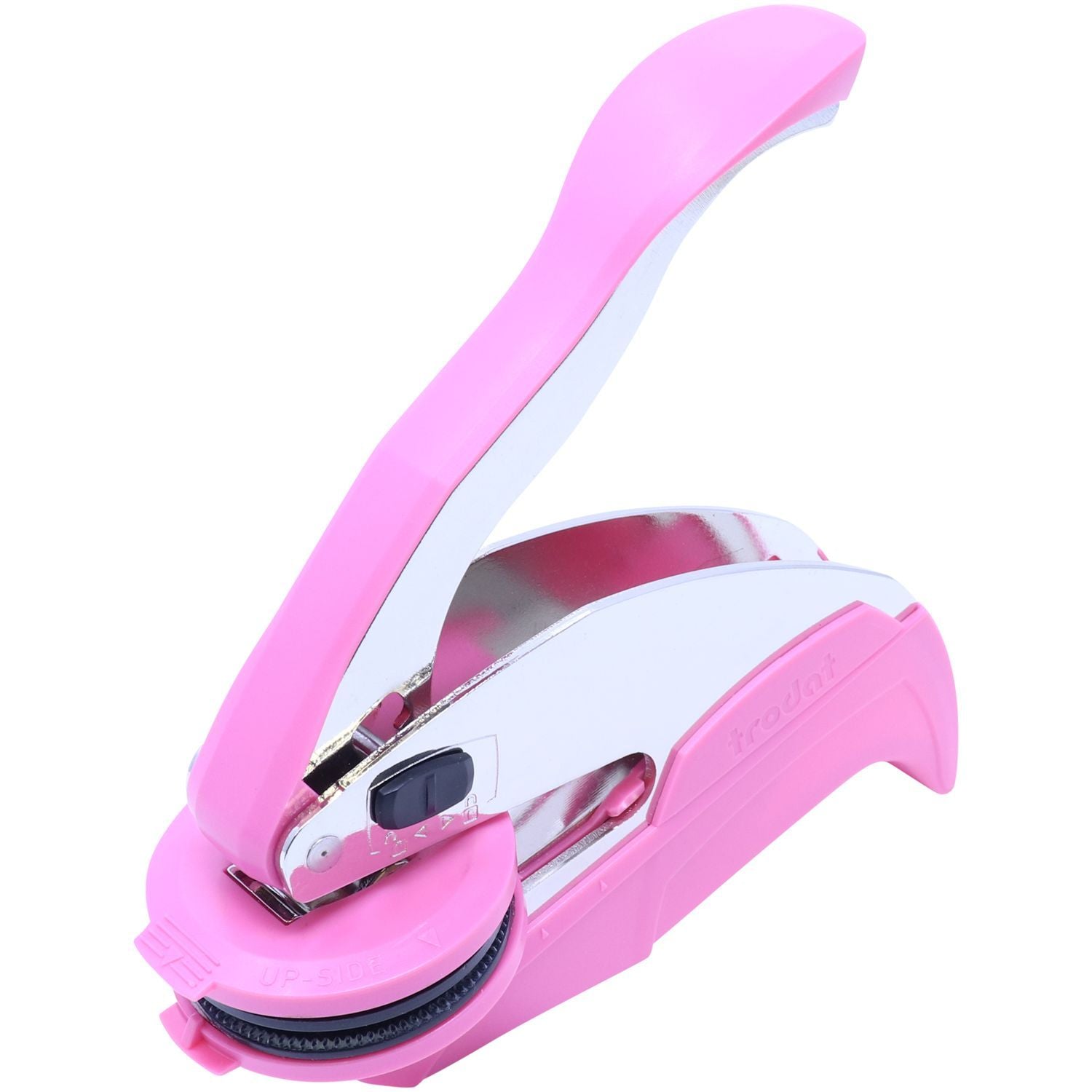 Professional Engineer Pink Hybrid Handheld Seal Embosser with a sleek pink design, ergonomic handle, and round clip, shown in an open position.