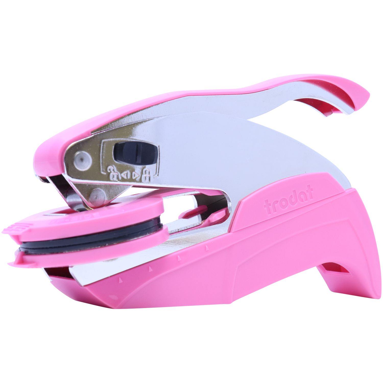 Real Estate Appraiser Pink Hybrid Handheld Embosser with a sleek design, angled view showing the pink and silver details.