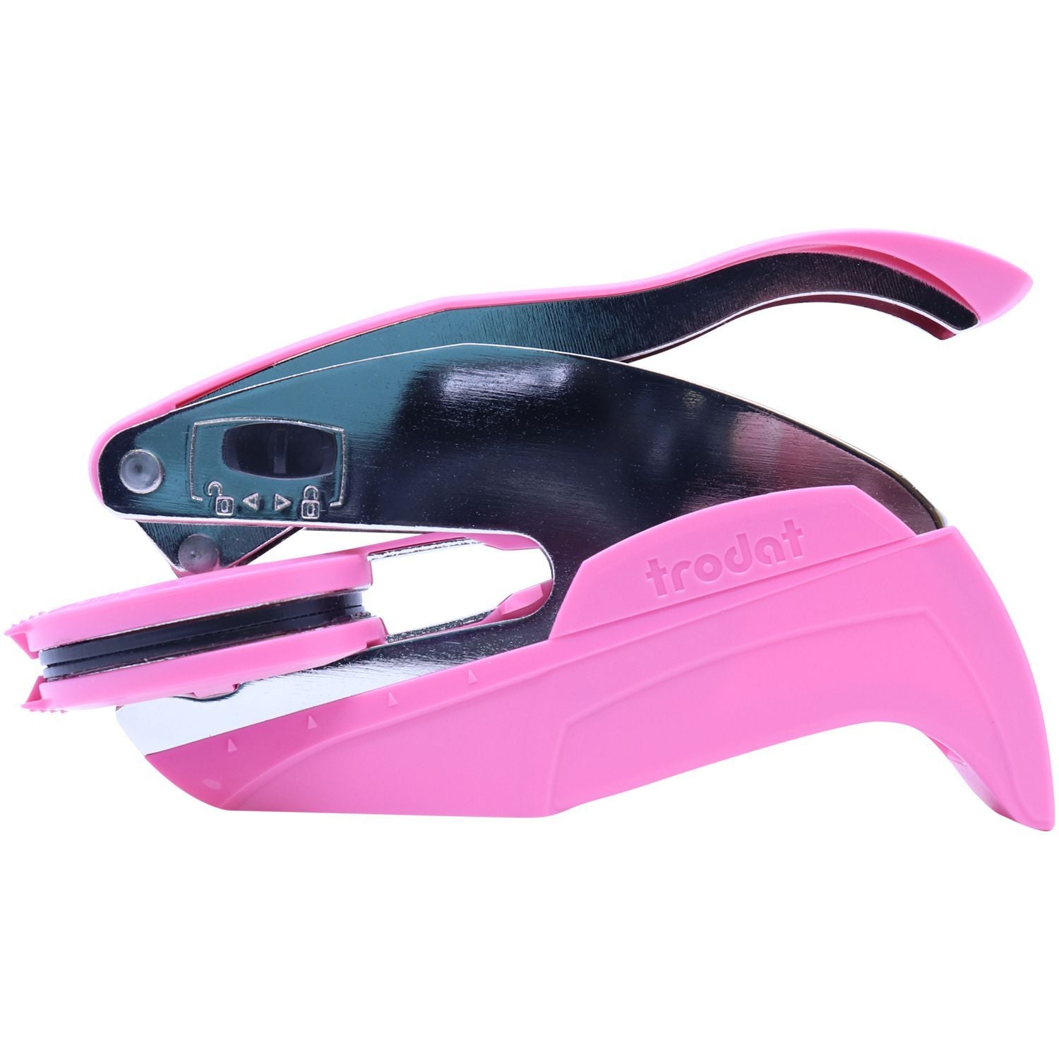 Professional Engineer Pink Hybrid Handheld Seal Embosser with a sleek pink design, ergonomic handle, and sturdy metal components, shown in a side view with a pink round clip.