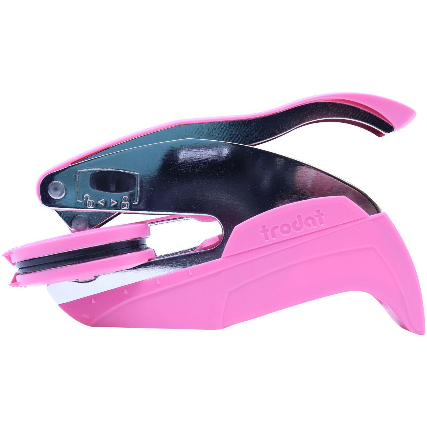 Real Estate Appraiser Pink Hybrid Handheld Embosser with a sleek design, featuring a pink body and black metal components, side view.