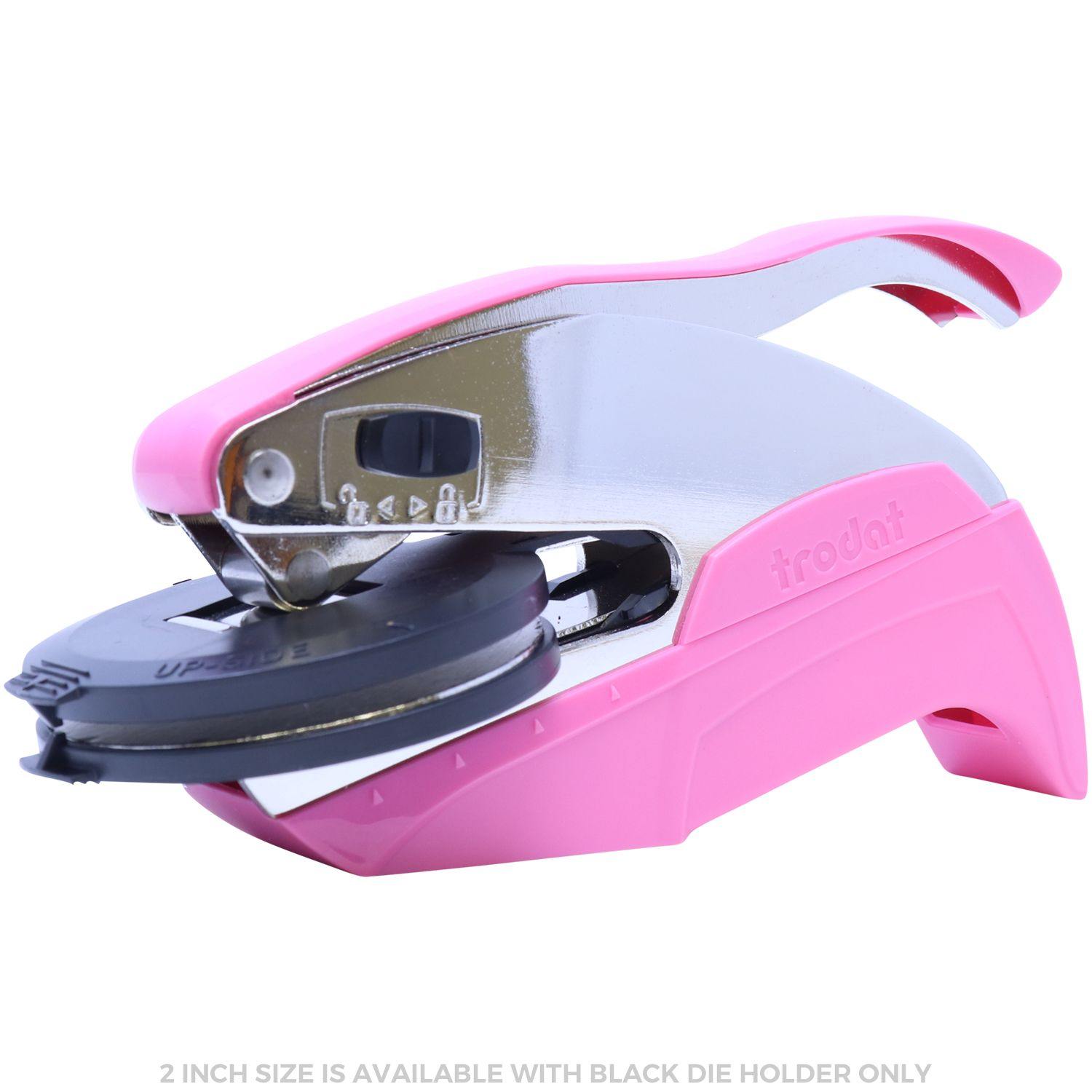 Landscape Architect Pink Hybrid Handheld Embosser with a sleek design, featuring a 2-inch laser clip, shown in a closed view.