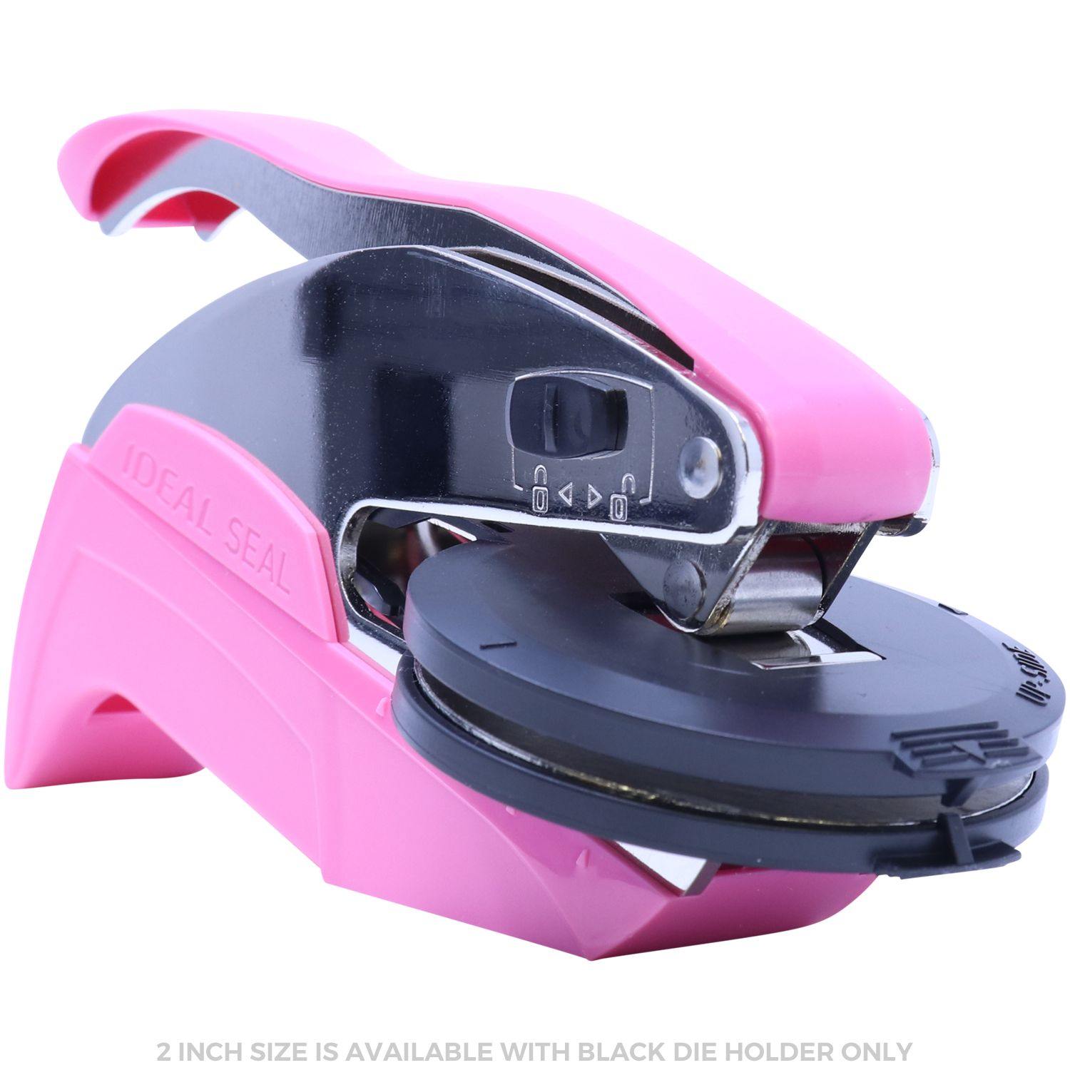 Real Estate Appraiser Pink Hybrid Handheld Embosser with a sleek design, black die holder, and ergonomic handle for easy use.