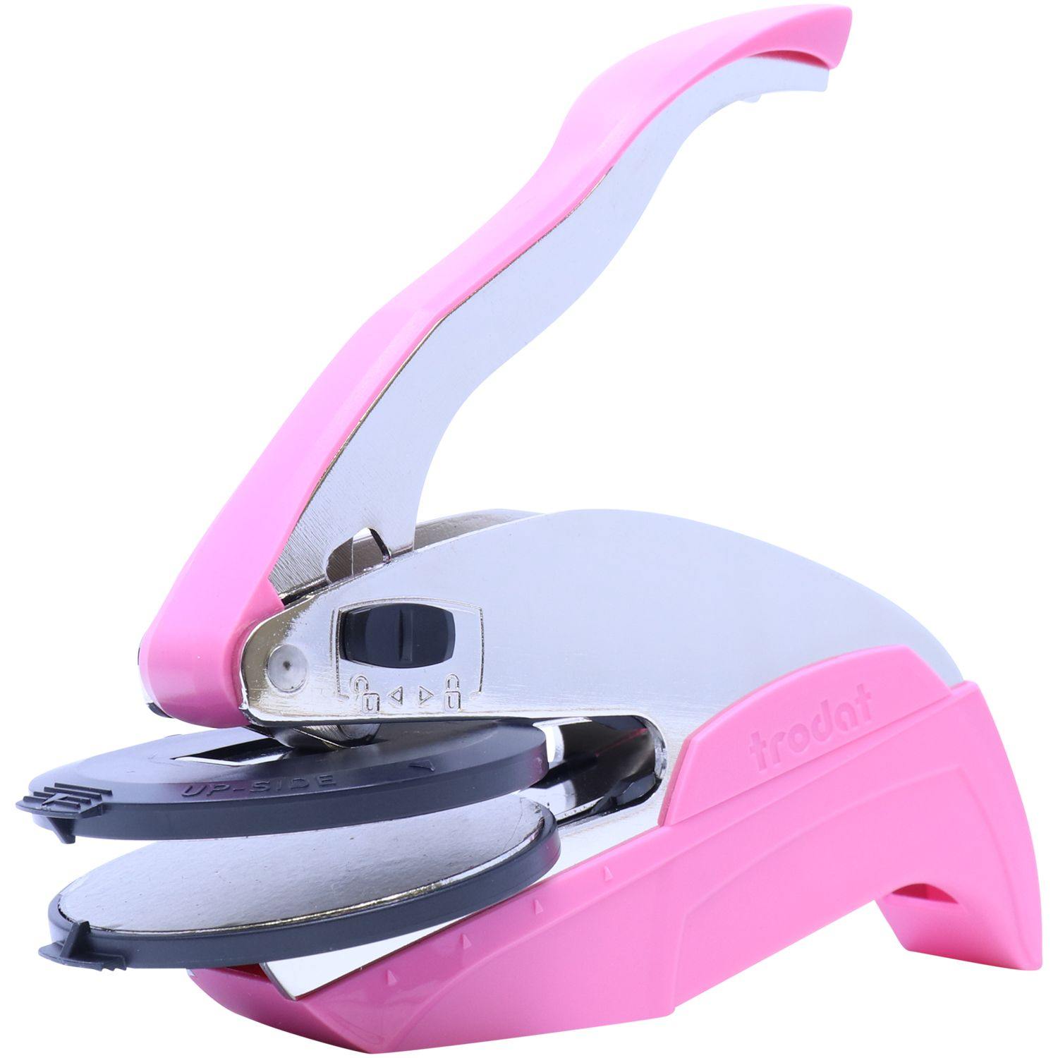 Landscape Architect Pink Hybrid Handheld Embosser with a sleek design, featuring a pink handle and a 2-inch laser clip, open view.