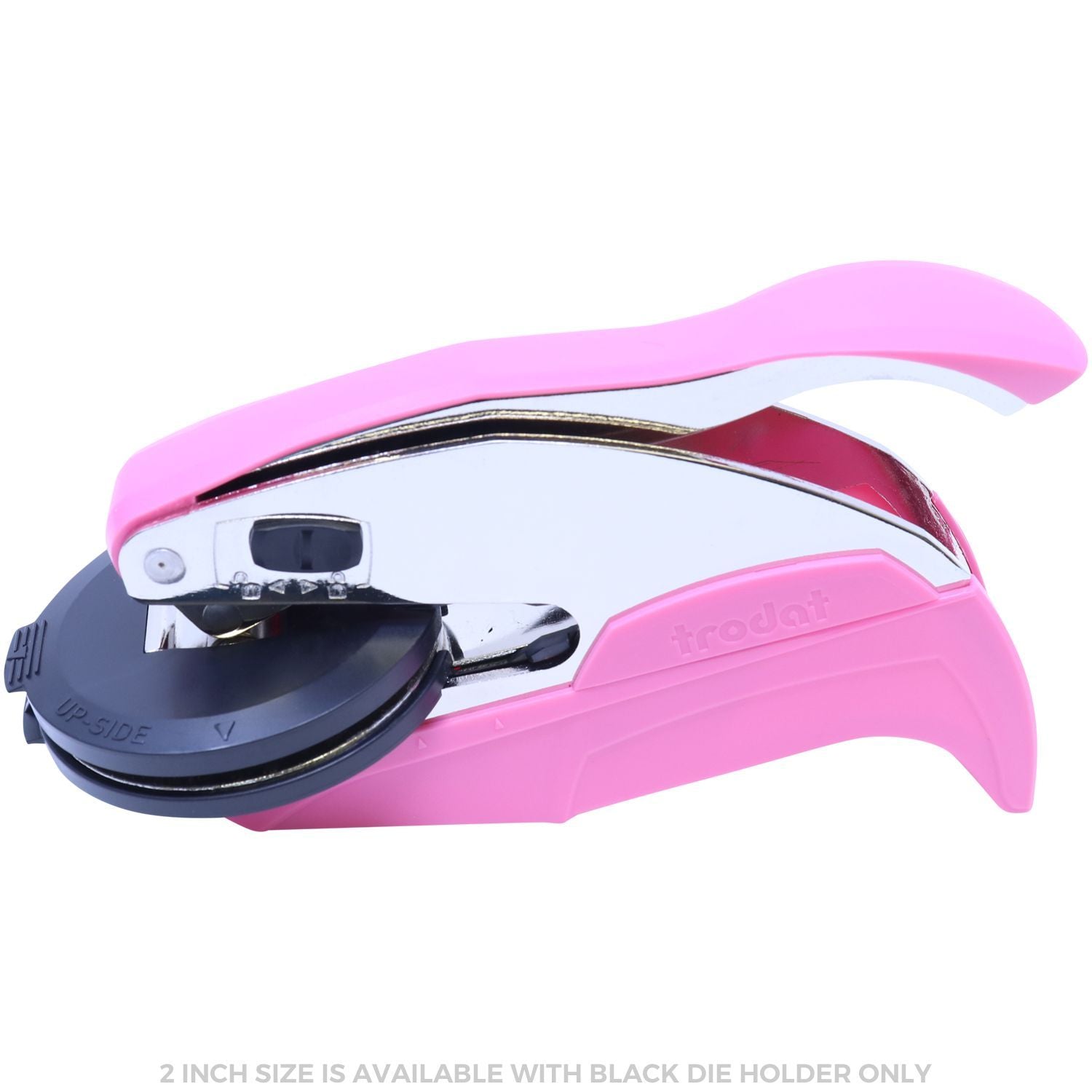 Professional Engineer Pink Hybrid Handheld Seal Embosser with a sleek pink design, chrome accents, and a 2-inch black die holder.