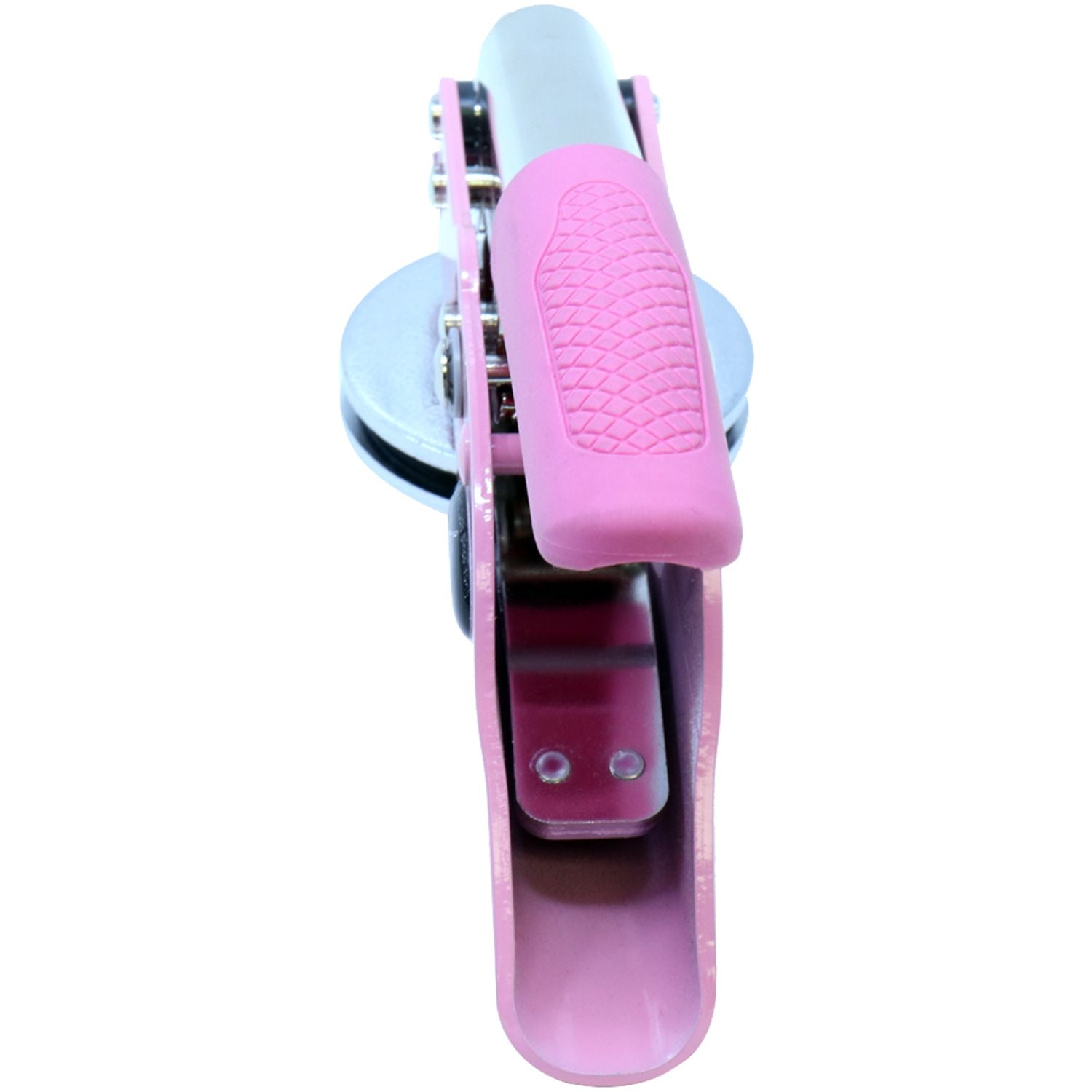 Professional Engineer Pink Soft Seal Embosser, backside view, showcasing the ergonomic pink handle and sturdy metal construction.