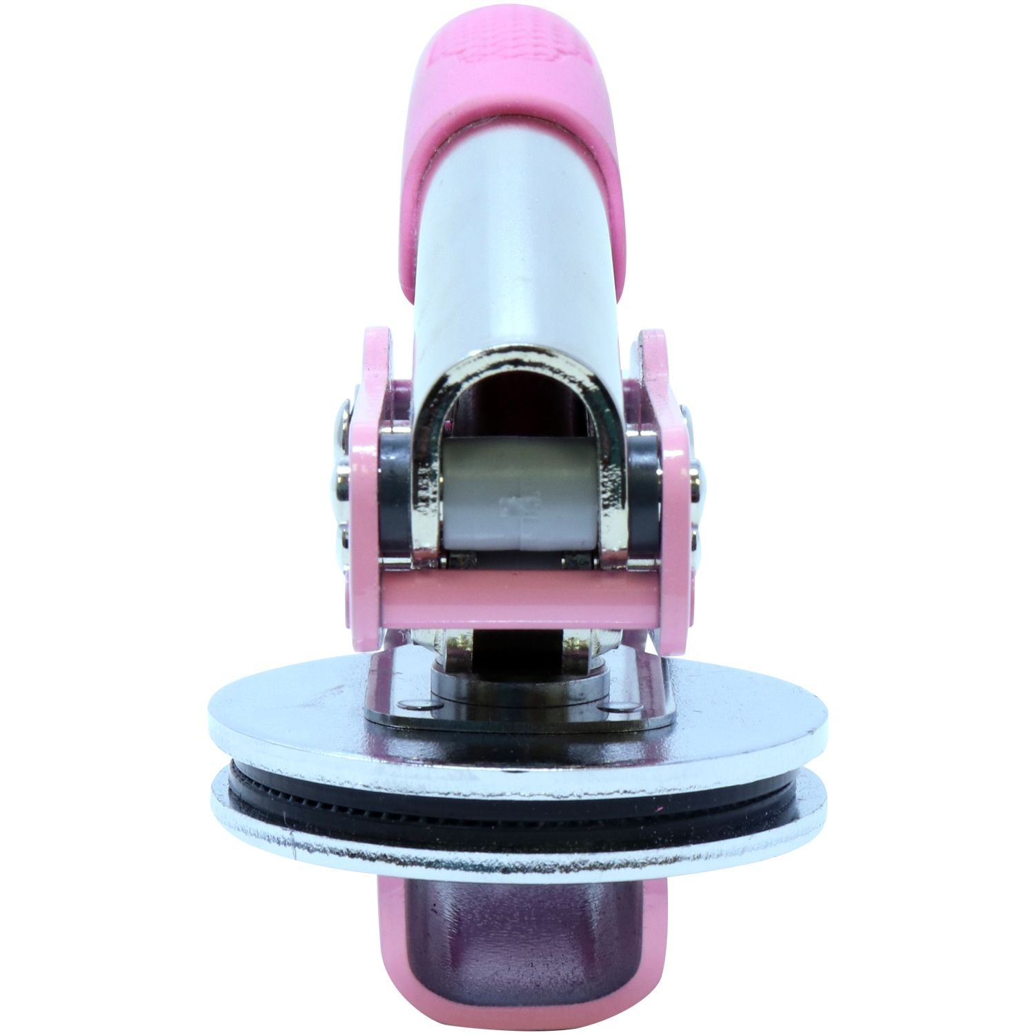 Front close-up view of the Professional Engineer Pink Soft Seal Embosser, showcasing its pink handle and metal embossing plates.