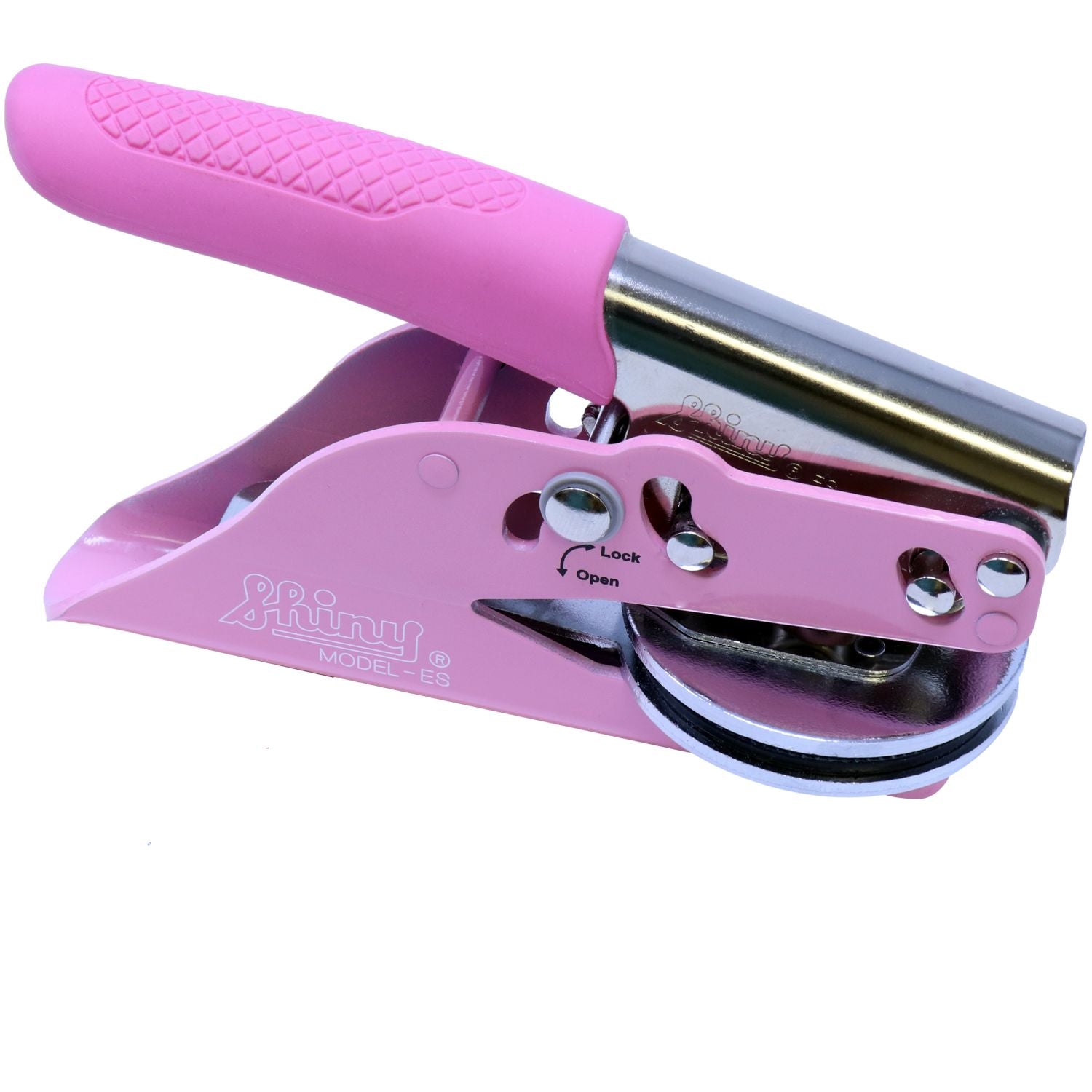 Professional Engineer Pink Soft Seal Embosser with ergonomic handle, side view showing lock and open mechanism, on white background.